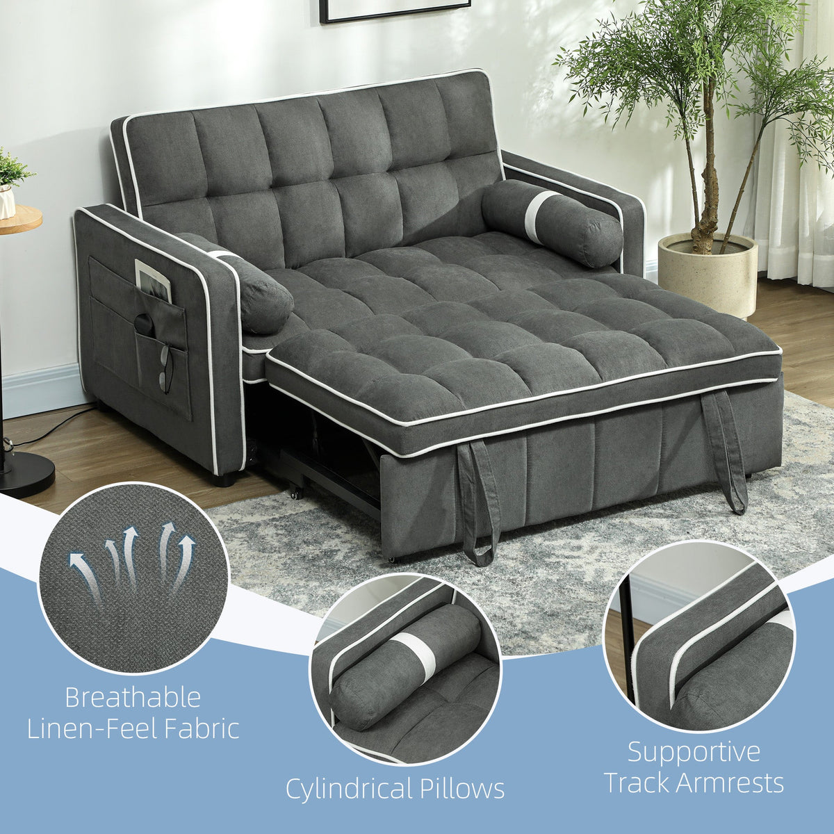 HOMCOM 3-In-1 Convertible 2 Seater Sofa Bed, Click Clack Pull Out Sofa Bed with Adjustable Backrest and Pillows, Modern Tufted Bed Settee for Living Room, Bedroom, Guest Room, Charcoal Grey