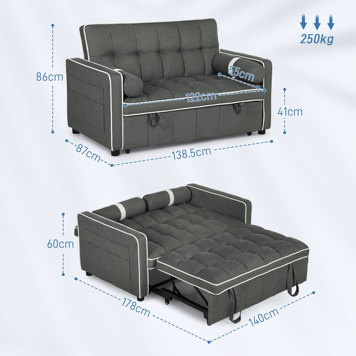 HOMCOM 3-In-1 Convertible 2 Seater Sofa Bed, Click Clack Pull Out Sofa Bed with Adjustable Backrest and Pillows, Modern Tufted Bed Settee for Living Room, Bedroom, Guest Room, Charcoal Grey