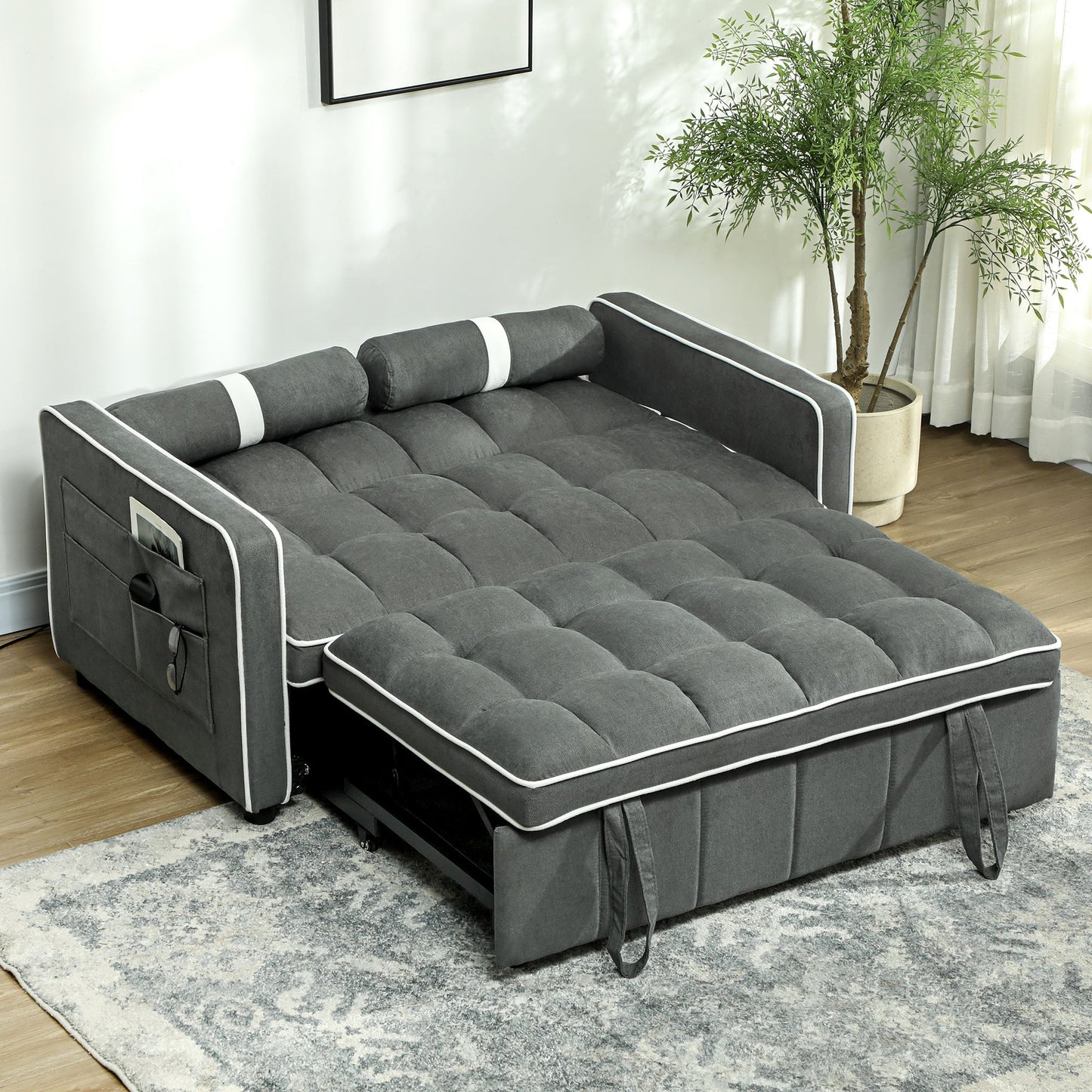 HOMCOM 3-In-1 Convertible 2 Seater Sofa Bed, Click Clack Pull Out Sofa Bed with Adjustable Backrest and Pillows, Modern Tufted Bed Settee for Living Room, Bedroom, Guest Room, Charcoal Grey