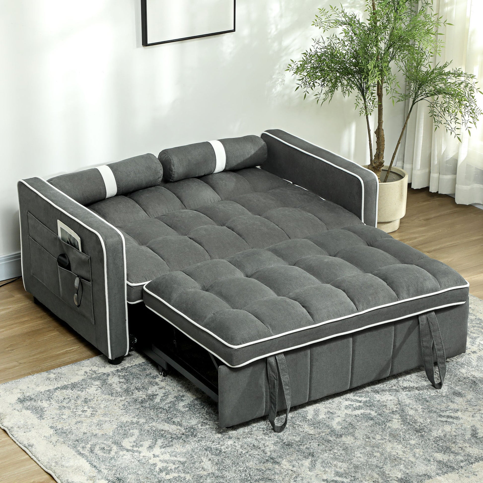 HOMCOM 3-In-1 Convertible 2 Seater Sofa Bed, Click Clack Pull Out Sofa Bed with Adjustable Backrest and Pillows, Modern Tufted Bed Settee for Living Room, Bedroom, Guest Room, Charcoal Grey