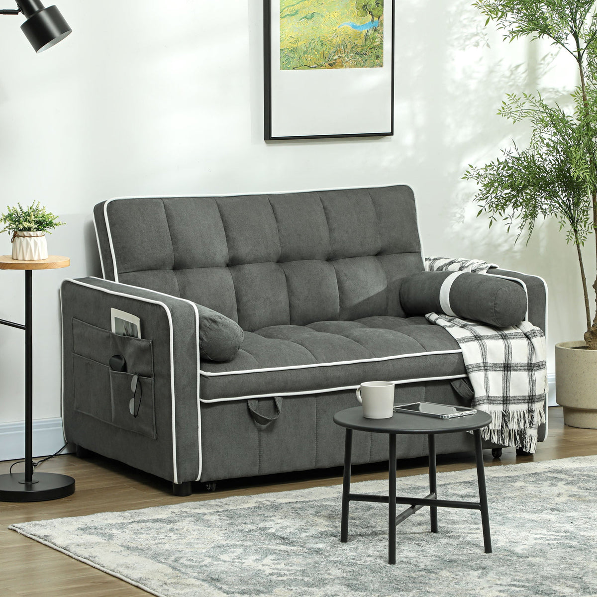 HOMCOM 3-In-1 Convertible 2 Seater Sofa Bed, Click Clack Pull Out Sofa Bed with Adjustable Backrest and Pillows, Modern Tufted Bed Settee for Living Room, Bedroom, Guest Room, Charcoal Grey