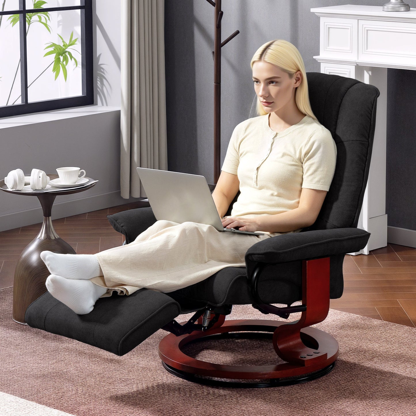 360° Swivel Recliner Chair with Footstool, Manual Recliner Armchair with Wooden Base, Linen-Like Upholstered Reclining Chair for Living Room, Bedroom, Office, Black