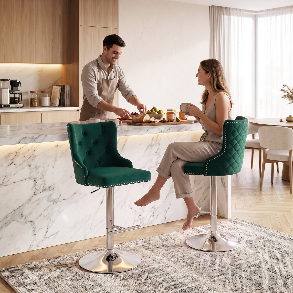 Bar Stools Set of 2, Modern Swivel & Adjustable Velvet Barstools with Button-Tufted Back, Footrest, Nailhead Trim for Home Bar, Green
