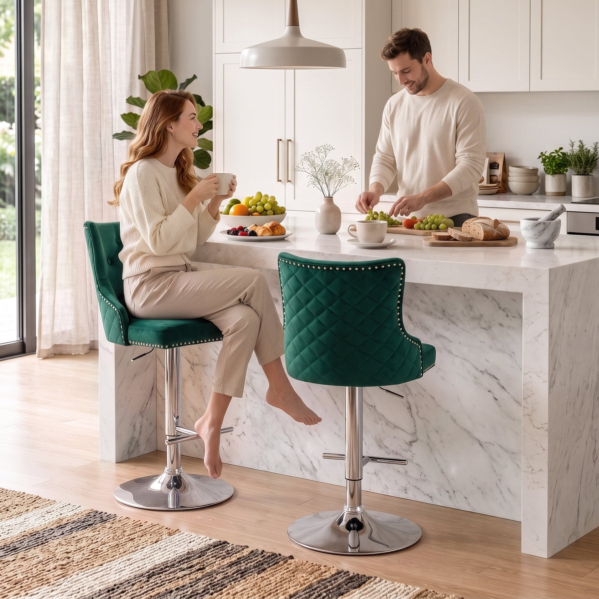 Bar Stools Set of 2, Modern Swivel & Adjustable Velvet Barstools with Button-Tufted Back, Footrest, Nailhead Trim for Home Bar, Green