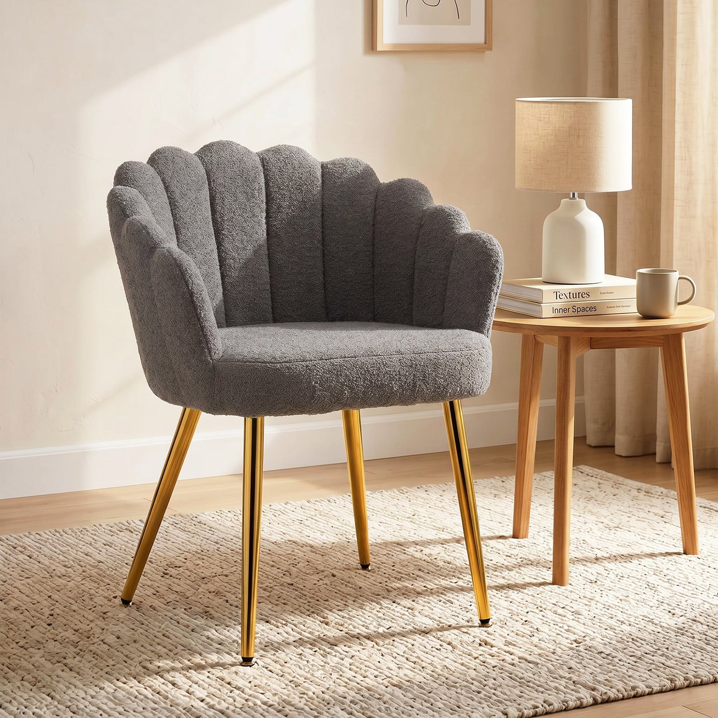 Petal-Back Lounge Chair, Faux Lamb's Wool Lounge Seat with Metal Legs and Adjustable Feet, Modern Armchair for Living Room, Bedroom, Balcony, Office, Grey