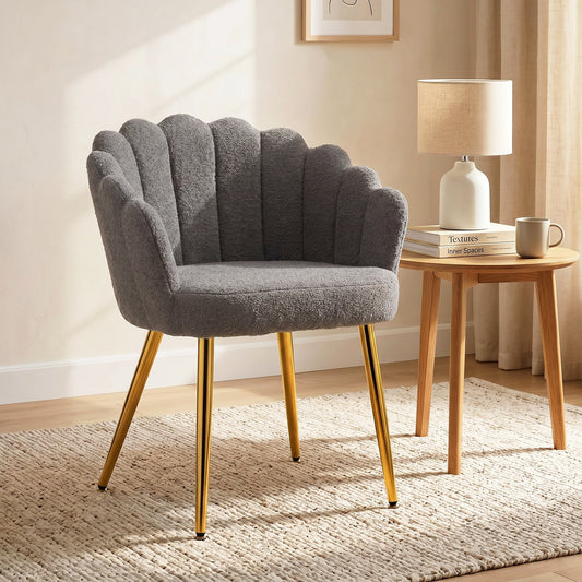 Petal-Back Lounge Chair, Faux Lamb's Wool Lounge Seat with Metal Legs and Adjustable Feet, Modern Armchair for Living Room, Bedroom, Balcony, Office, Grey
