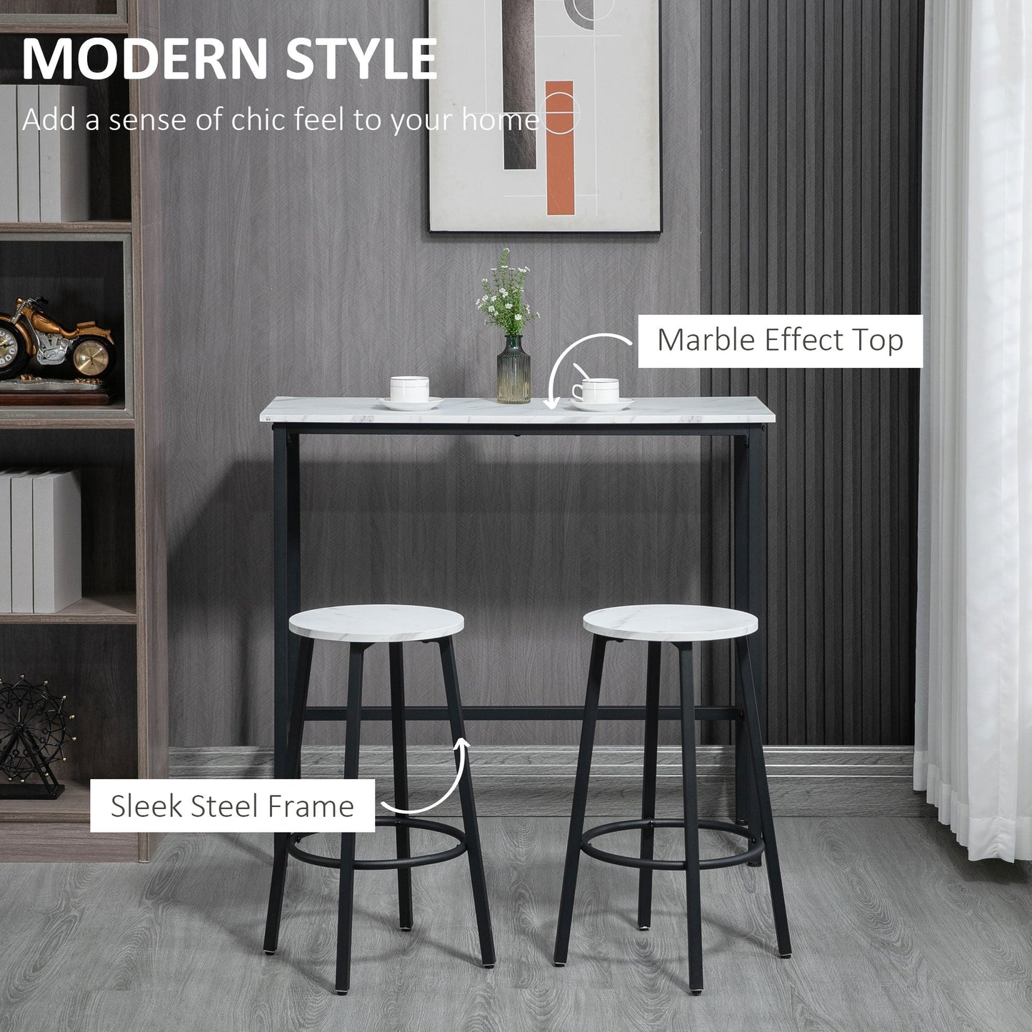 HOMCOM 3 Piece Bar Table Set, Modern Dining Table Set for 2 with Stools, Steel Frame, Footrest for Kitchen, Living Room, Small Space, White