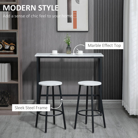 HOMCOM 3 Piece Bar Table Set, Modern Dining Table Set for 2 with Stools, Steel Frame, Footrest for Kitchen, Living Room, Small Space, White