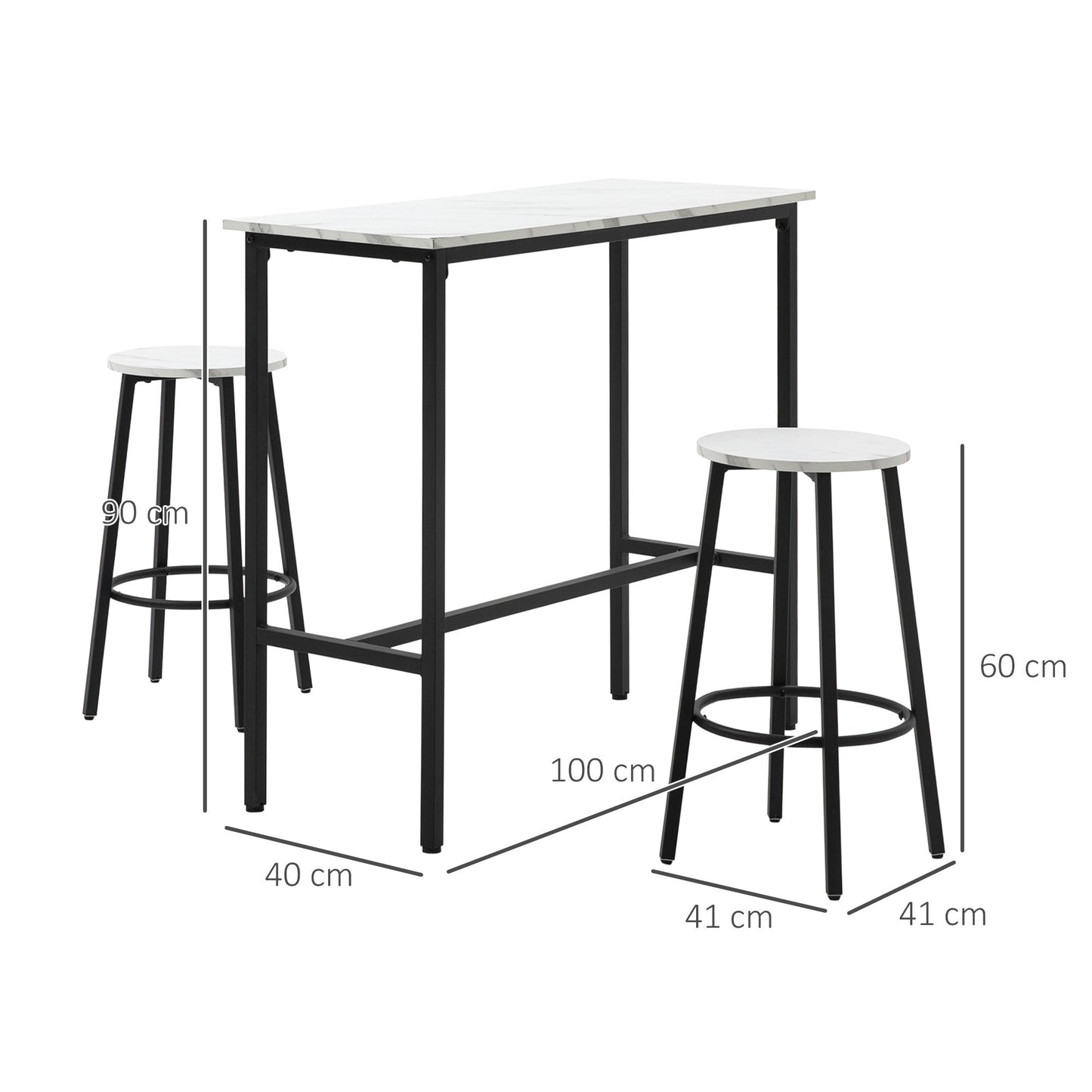 HOMCOM 3 Piece Bar Table Set, Modern Dining Table Set for 2 with Stools, Steel Frame, Footrest for Kitchen, Living Room, Small Space, White