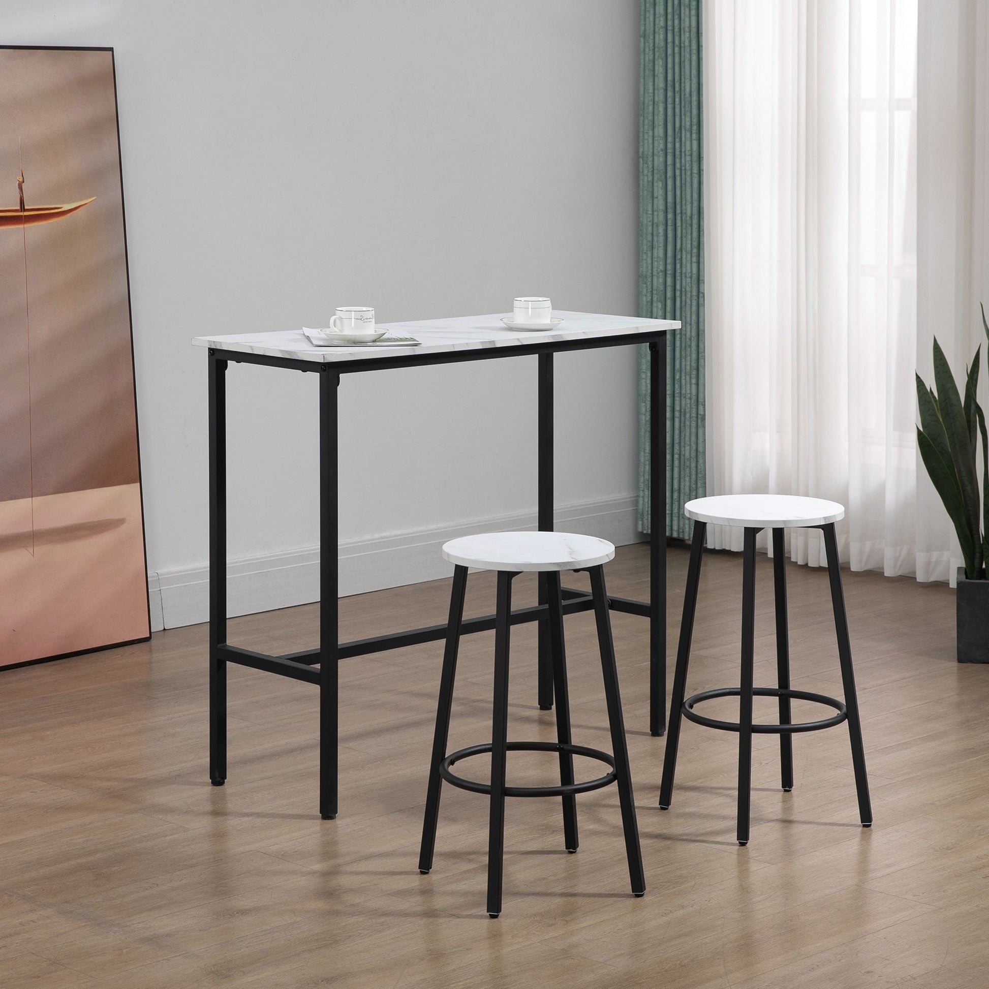 HOMCOM 3 Piece Bar Table Set, Modern Dining Table Set for 2 with Stools, Steel Frame, Footrest for Kitchen, Living Room, Small Space, White