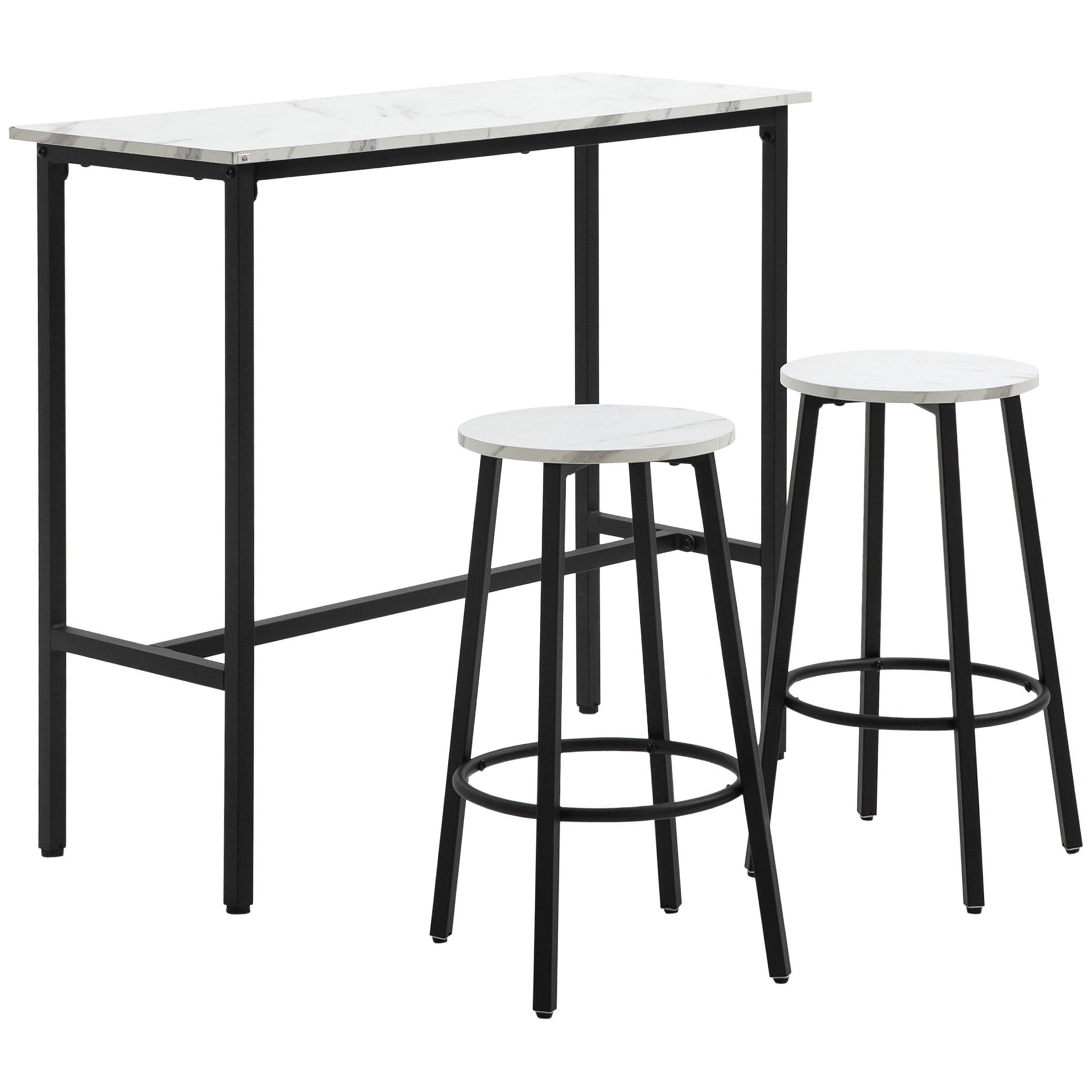 HOMCOM 3 Piece Bar Table Set, Modern Dining Table Set for 2 with Stools, Steel Frame, Footrest for Kitchen, Living Room, Small Space, White