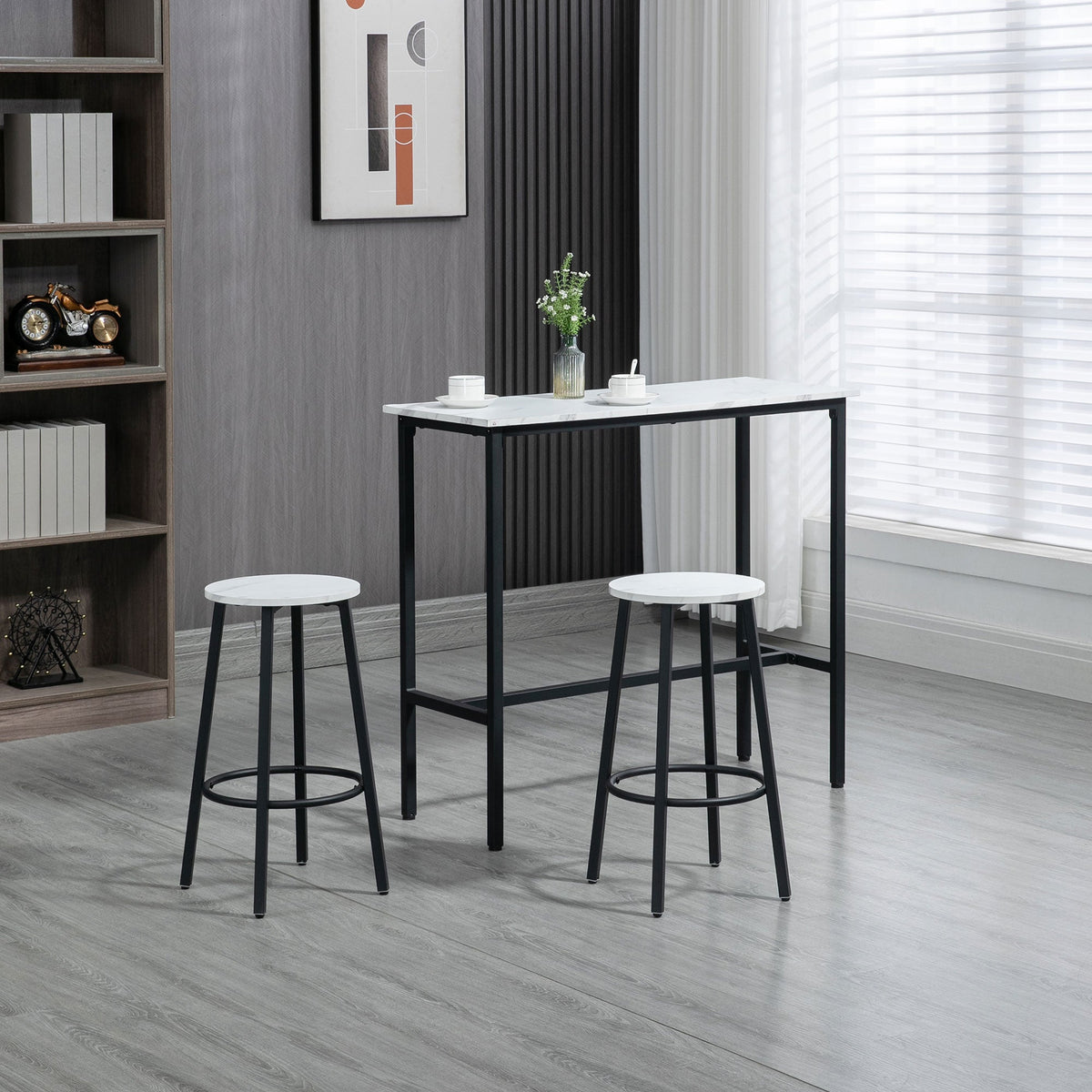 HOMCOM 3 Piece Bar Table Set, Modern Dining Table Set for 2 with Stools, Steel Frame, Footrest for Kitchen, Living Room, Small Space, White