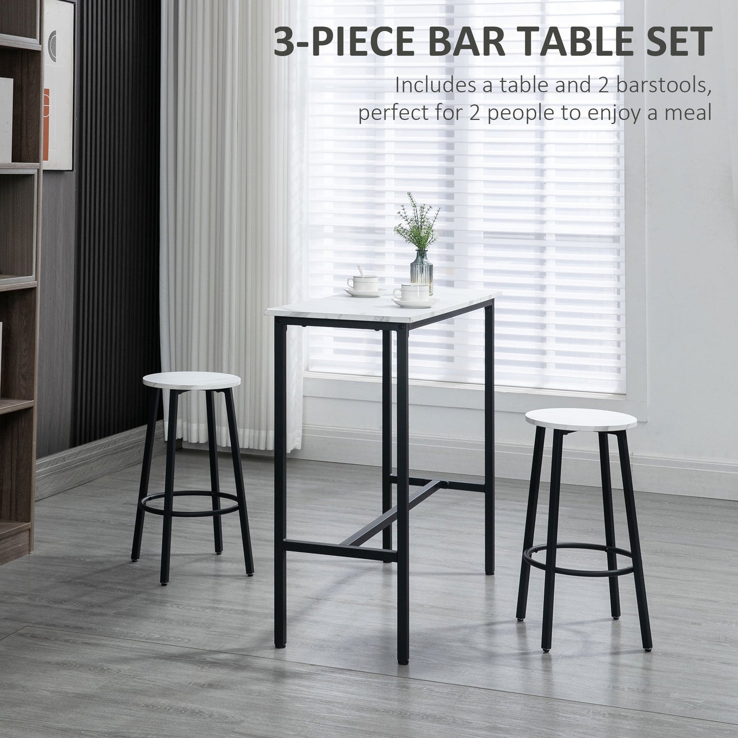 HOMCOM 3 Piece Bar Table Set, Modern Dining Table Set for 2 with Stools, Steel Frame, Footrest for Kitchen, Living Room, Small Space, White