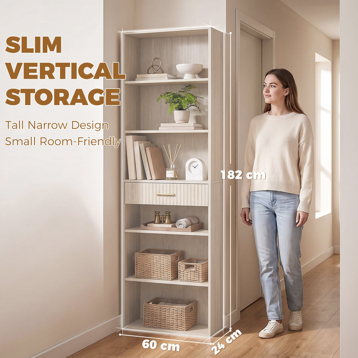Tall Bookcase with Cubes, 7-Tier Bookshelf with Drawer, Freestanding Shelving Unit, 60 x 24 x 182 cm, Space-Saving for Study, Home Office, Living Room, Oak Wood Effect