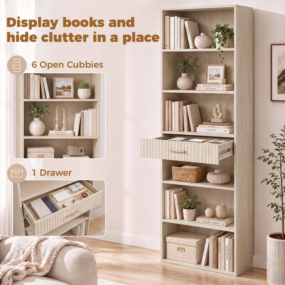 Tall Bookcase with Cubes, 7-Tier Bookshelf with Drawer, Freestanding Shelving Unit, 60 x 24 x 182 cm, Space-Saving for Study, Home Office, Living Room, Oak Wood Effect