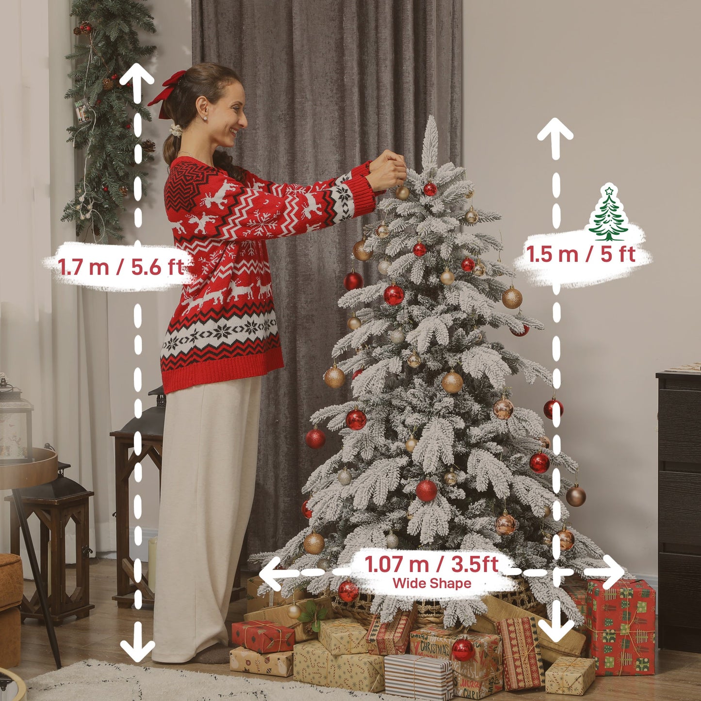 5ft Artificial Christmas Tree, Snow Flocked Christmas Tree with Realistic Dense Branches, Hinged Design, Metal Stand, Wide Shape, Easy Assembly, Xmas Home Decoration, Green White