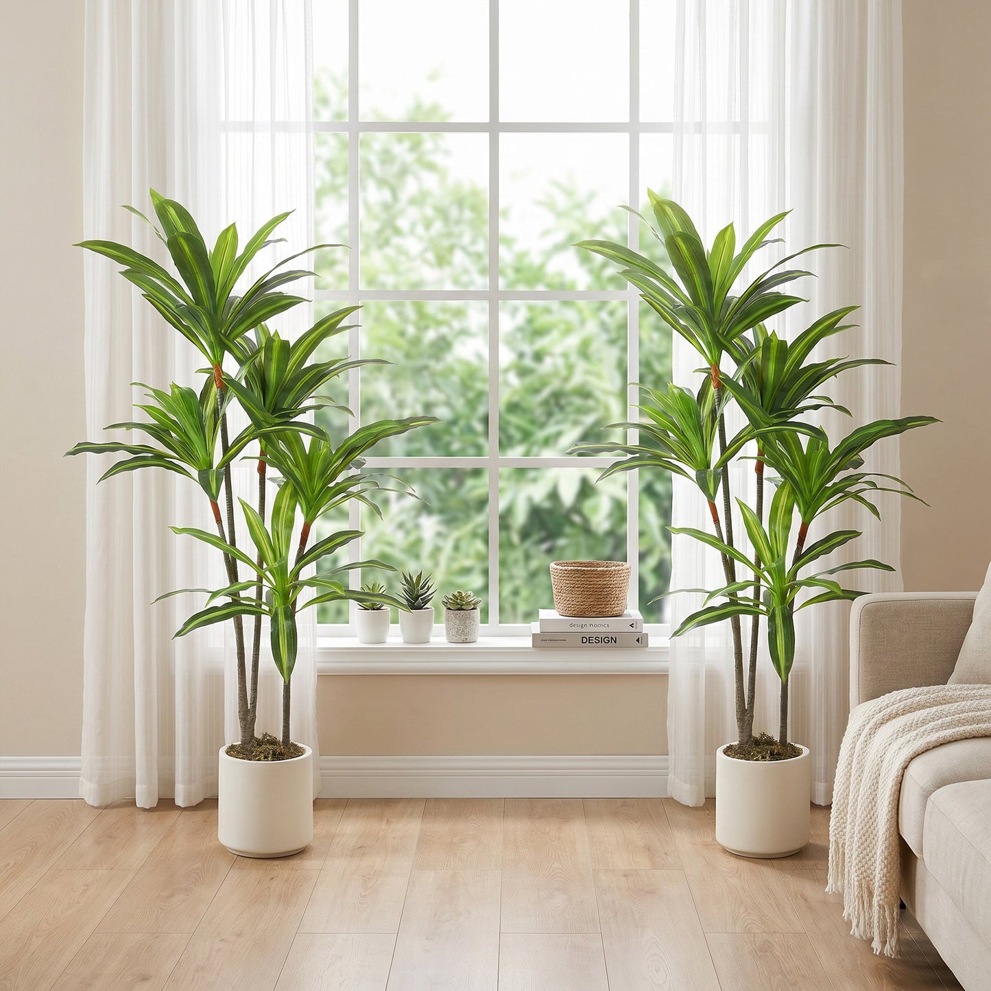 Set of 2 150cm Artificial Dracaena Trees, Decorative Artificial Plants with Bendable Trunks and White Planters for Living Room Bedroom Home Office Decor, Green