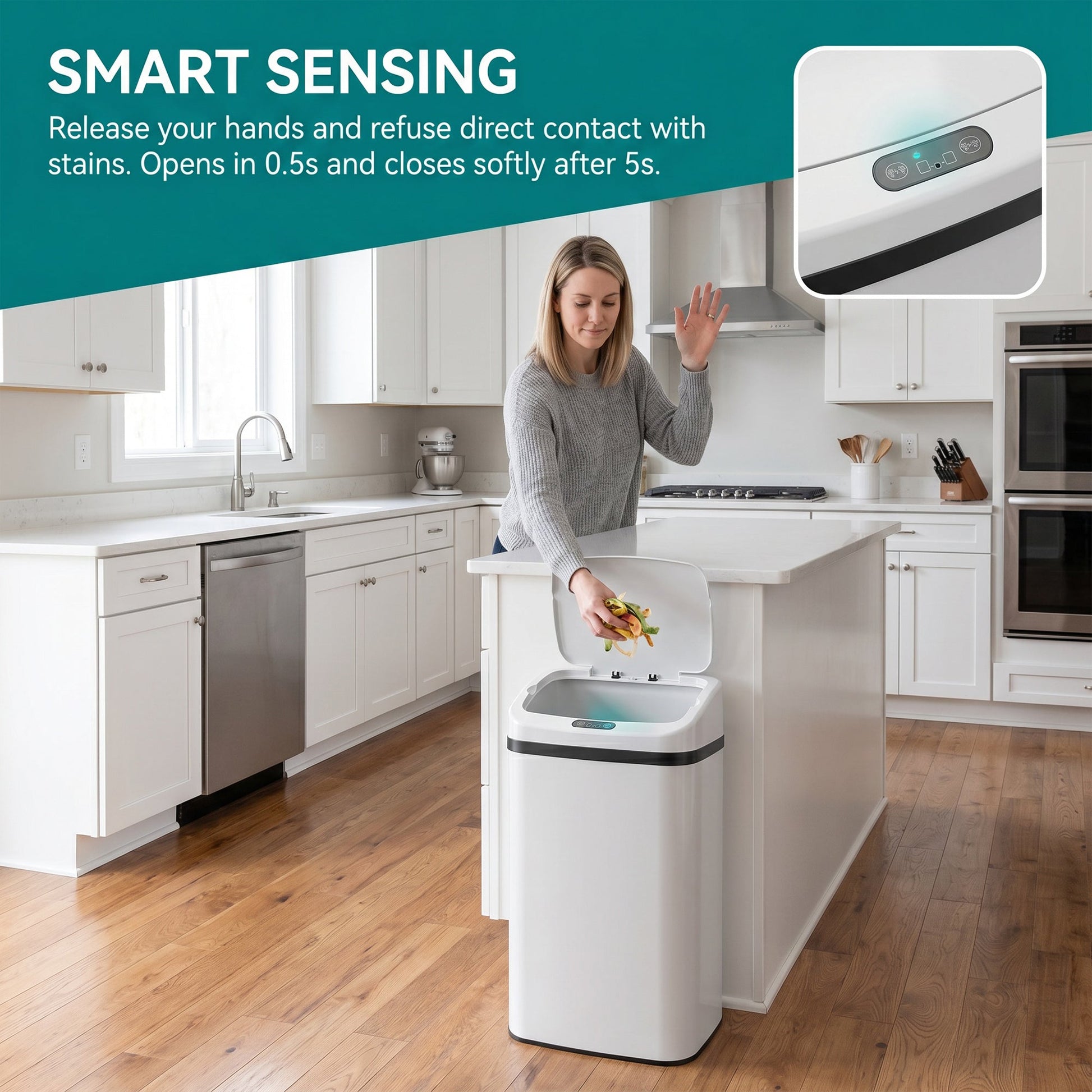 48L Sensor Bin, Stainless Steel Kitchen Bin with Automatic Soft Close Lid and Fingerprint-Proof for Recycling and Waste, White