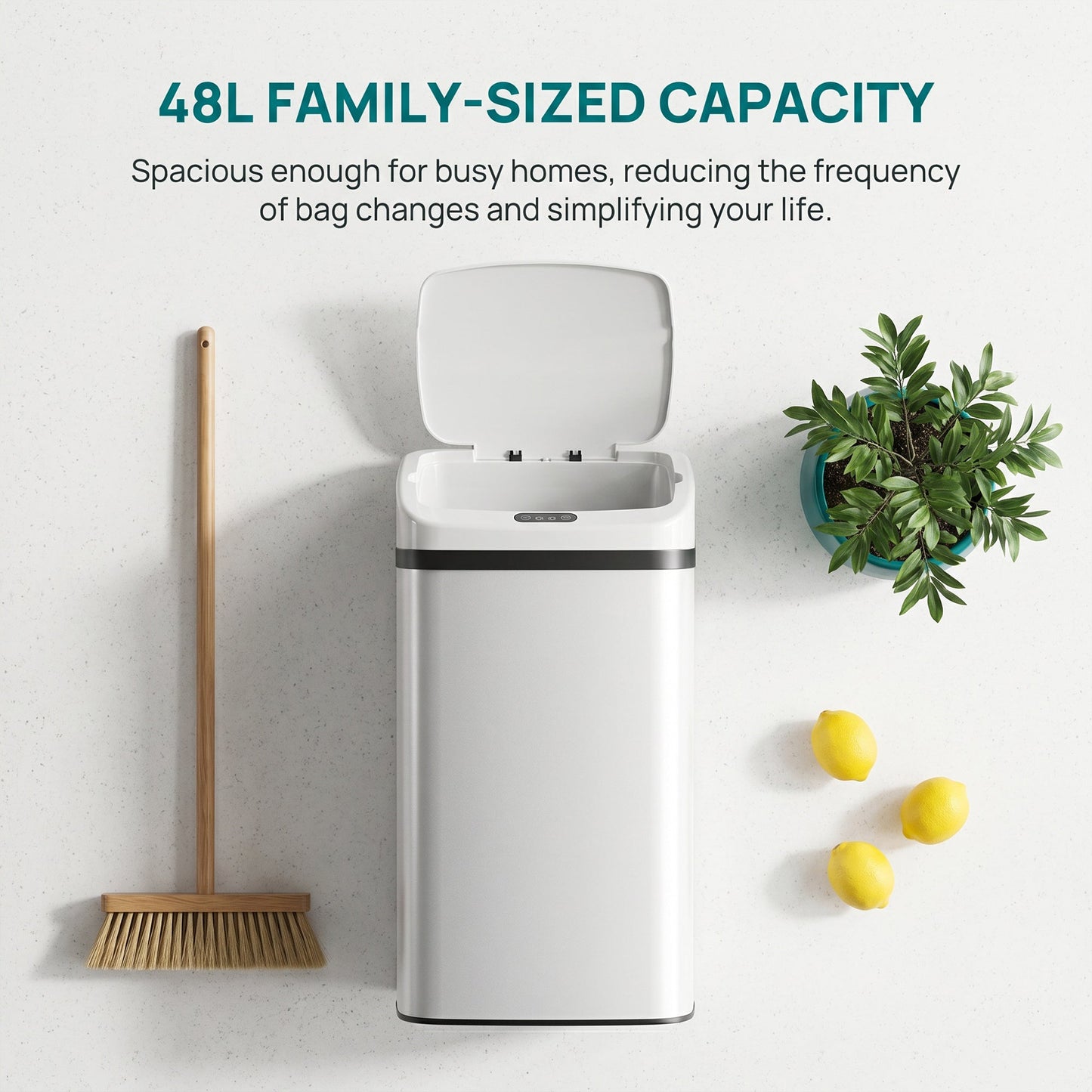 48L Sensor Bin, Stainless Steel Kitchen Bin with Automatic Soft Close Lid and Fingerprint-Proof for Recycling and Waste, White