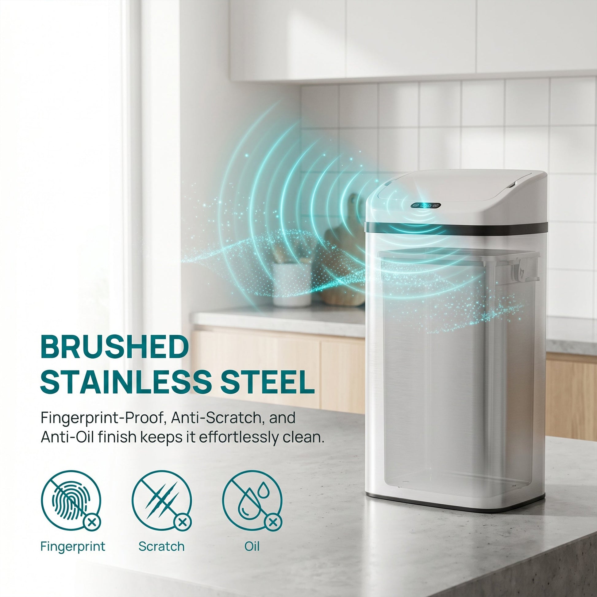 48L Sensor Bin, Stainless Steel Kitchen Bin with Automatic Soft Close Lid and Fingerprint-Proof for Recycling and Waste, White