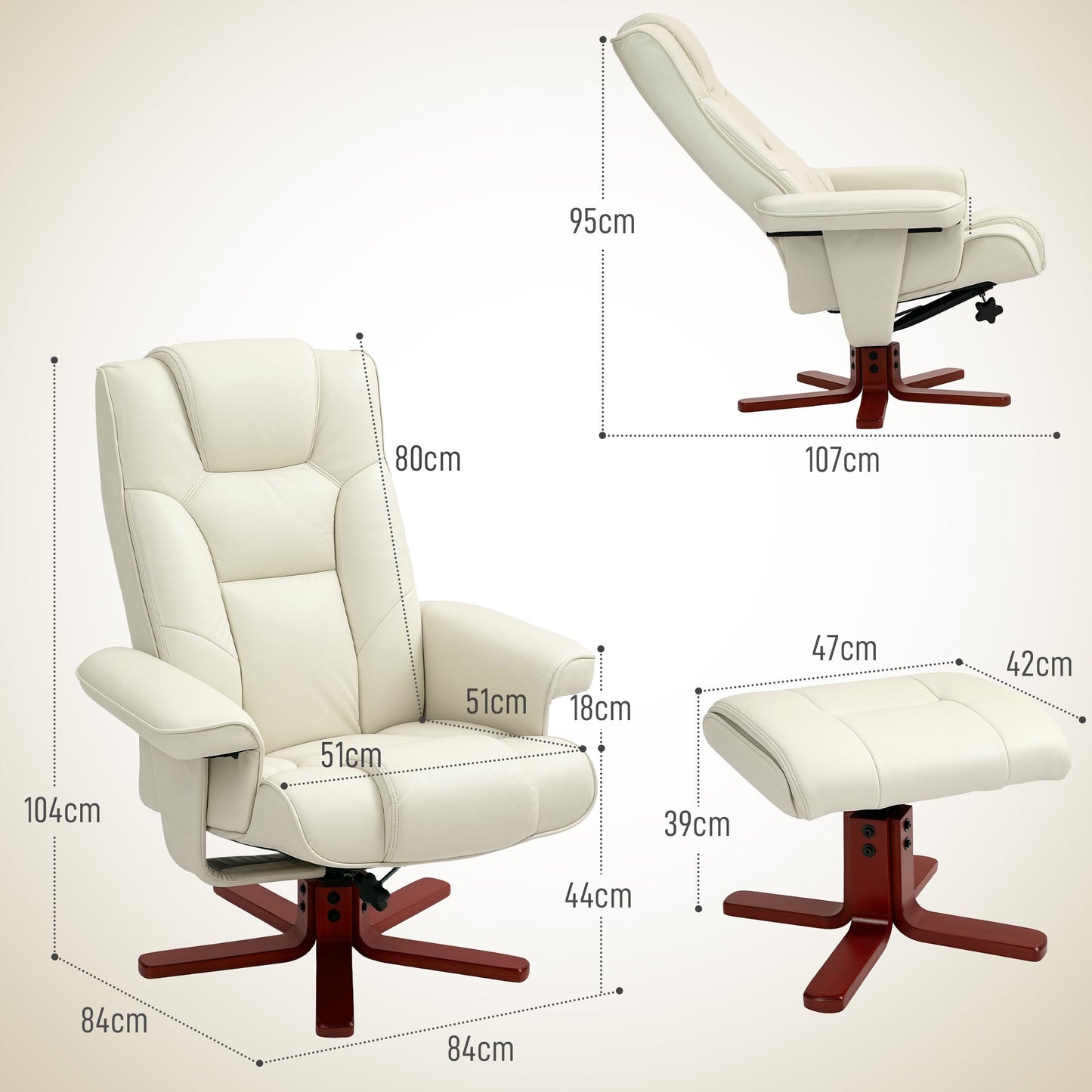 Recliner Chair with Footstool, PU Leather Rocker Recliner Armchair with High Back, Wooden Base, Reclining Chair for Living Room, Bedroom, Cream White