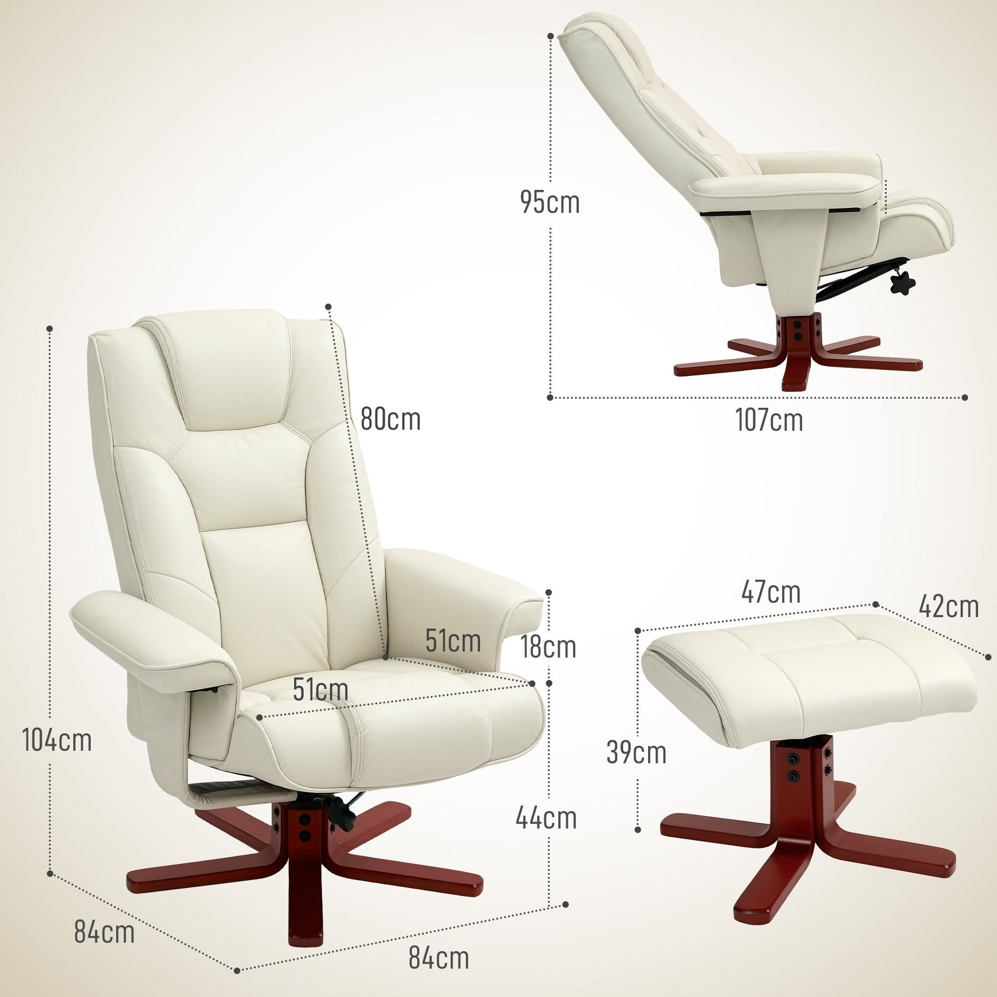 Recliner Chair with Footstool, PU Leather Rocker Recliner Armchair with High Back, Wooden Base, Reclining Chair for Living Room, Bedroom, Cream White