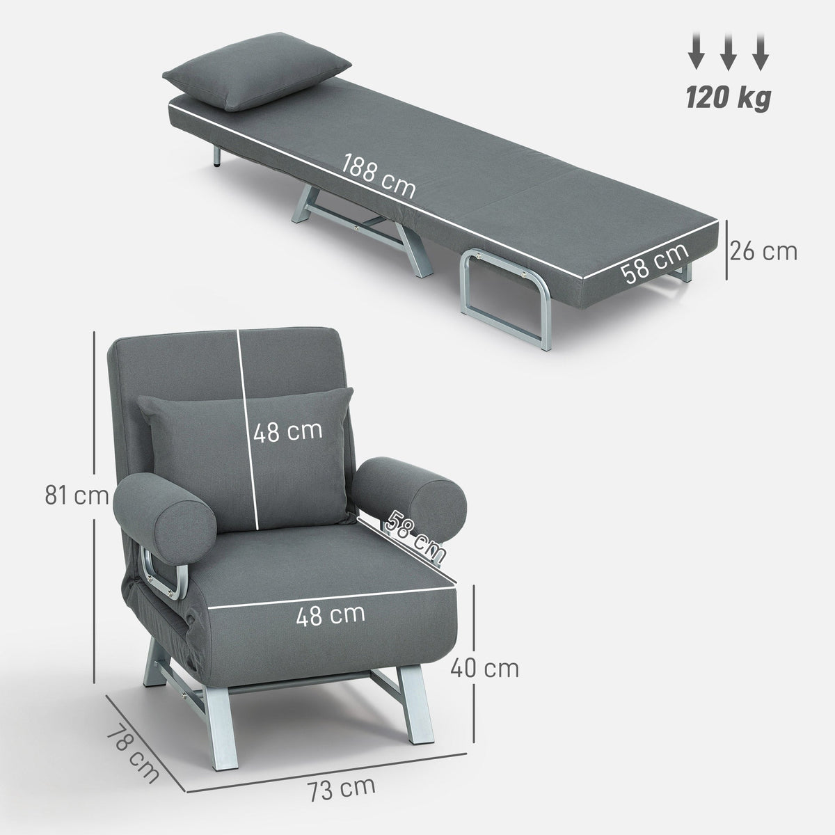 Single Sofa Bed, 3-in-1 Convertible Folding Chair Bed with Adjustable Backrest, Removable Armrests, Steel Legs, Linen Sleeper Chair for Living Room, Bedroom, Small Space, Dark Grey