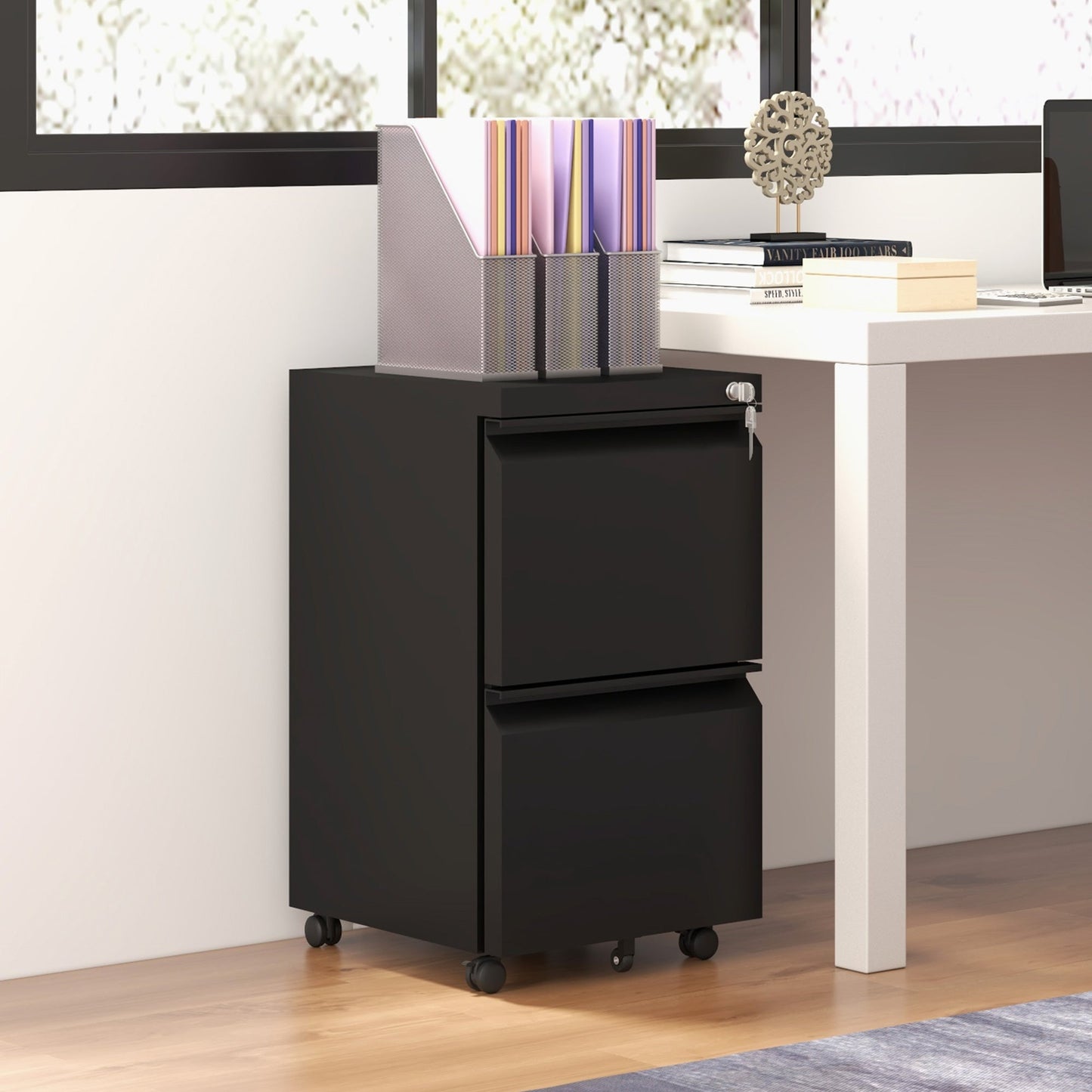 Vinsetto 2-Drawer Mobile Filing Cabinet, Steel Lockable File Cabinet for Letter, A4 and Legal Size, Pre-Assembled Body, Black