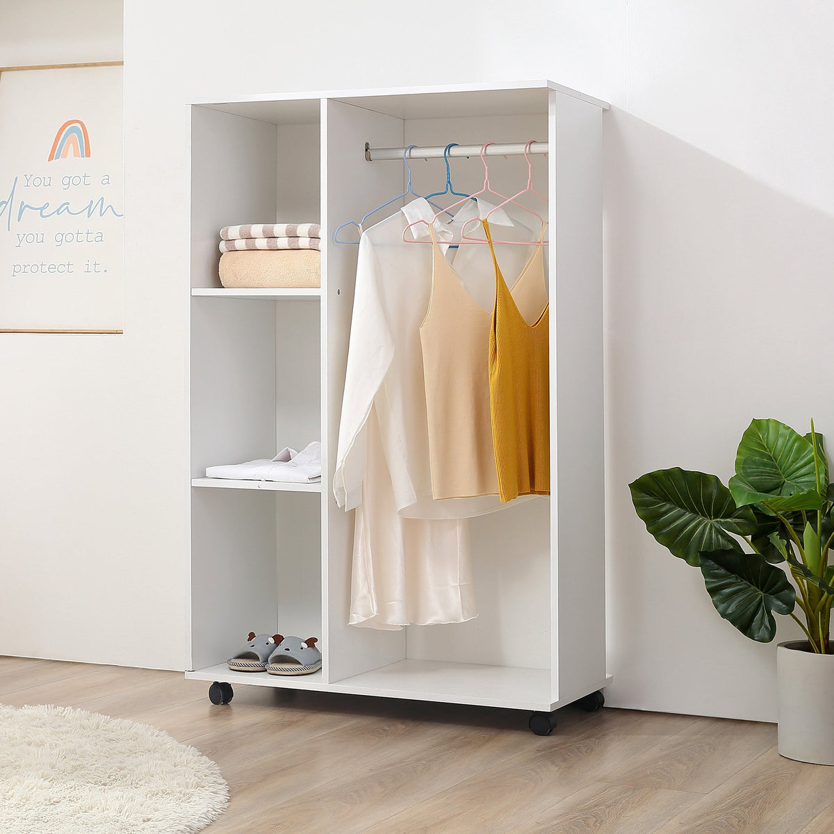 HOMCOM Open Wardrobe on Wheels with Clothes Rail, Bedroom Clothes Storage with Hanging Rod, 3 Storage Shelves, Mobile Garment Rack for Cloakroom, Hallway, White
