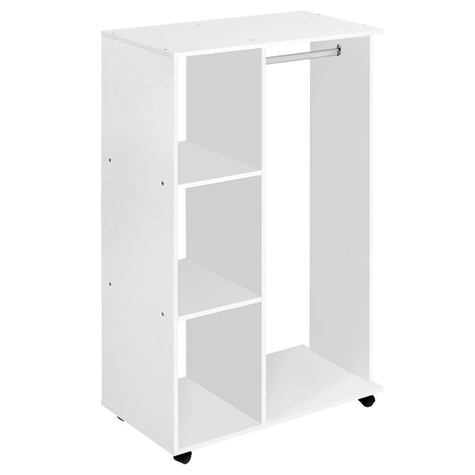 HOMCOM Open Wardrobe on Wheels with Clothes Rail, Bedroom Clothes Storage with Hanging Rod, 3 Storage Shelves, Mobile Garment Rack for Cloakroom, Hallway, White