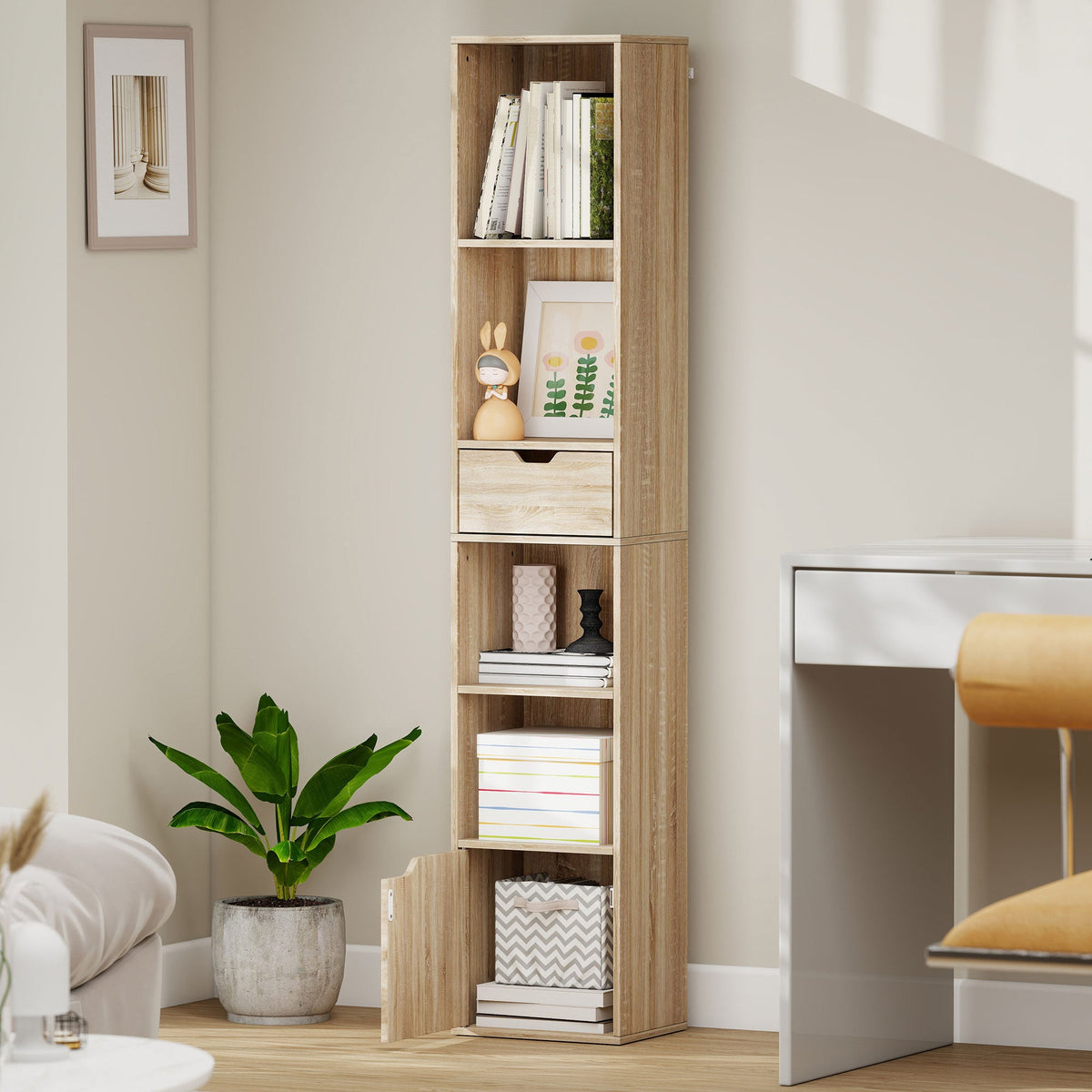 6-Tier Bookcase, Tall Narrow Bookshelf with Drawer, Door, Adjustable Shelf, Modern Display Standing Shelving Unit for Living Room, Home Office, Bedroom, 30 x 24 x 158 cm, Natural Wood Finish