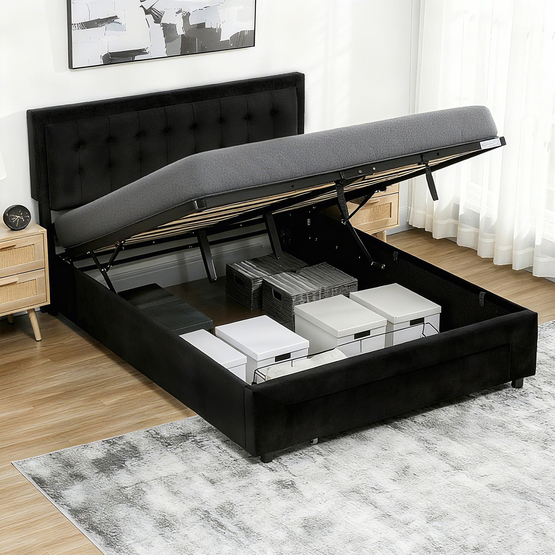 Upholstered Bed Frame with Storage Drawer and Adjustable Headboard, 5ft King Size Ottoman Bed with Gas Lift End Opening, Wooden Slats, No Mattress, Black