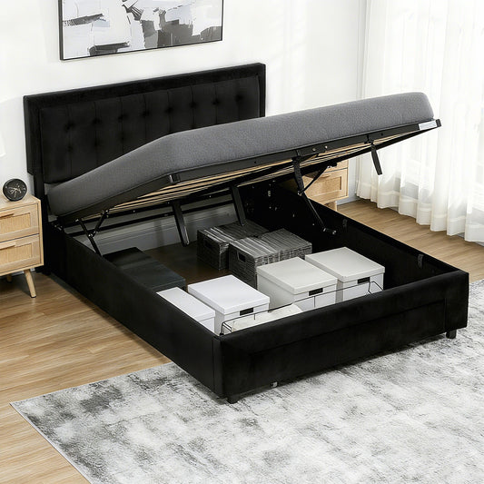 Upholstered Bed Frame with Storage Drawer and Adjustable Headboard, 5ft King Size Ottoman Bed with Gas Lift End Opening, Wooden Slats, No Mattress, Black