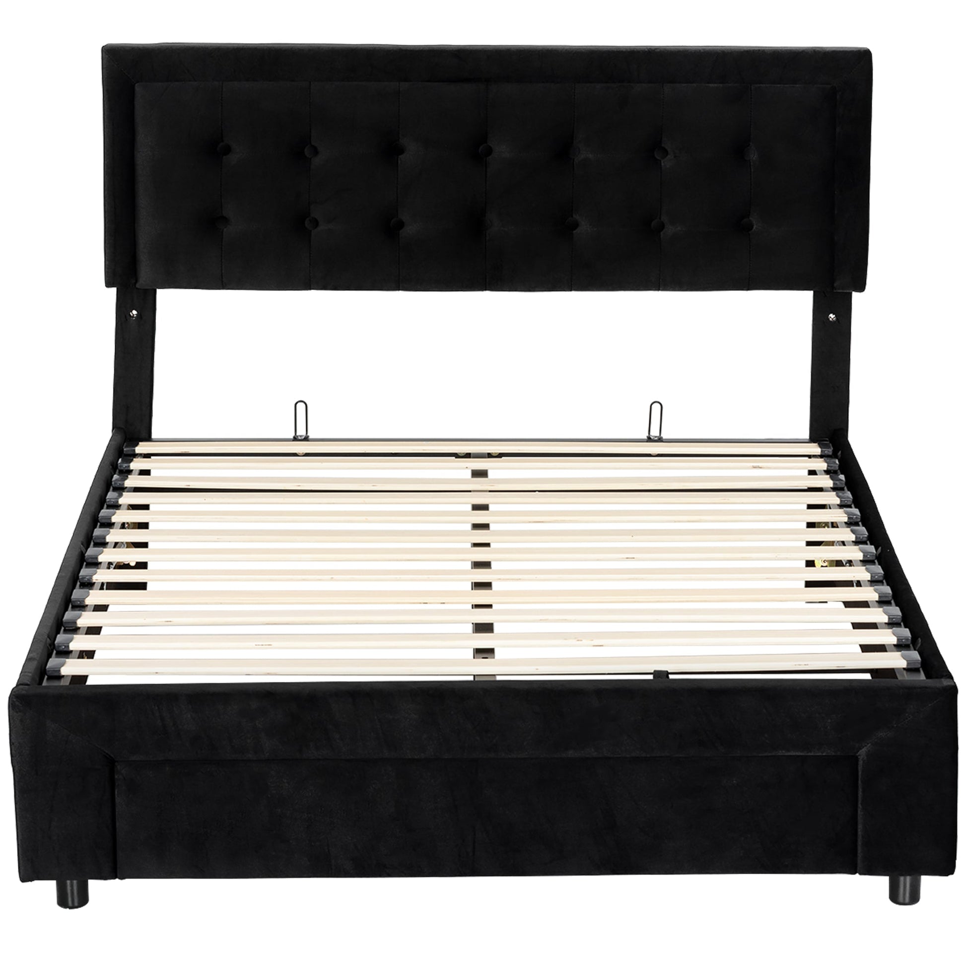 Upholstered Bed Frame with Storage Drawer and Adjustable Headboard, 5ft King Size Ottoman Bed with Gas Lift End Opening, Wooden Slats, No Mattress, Black