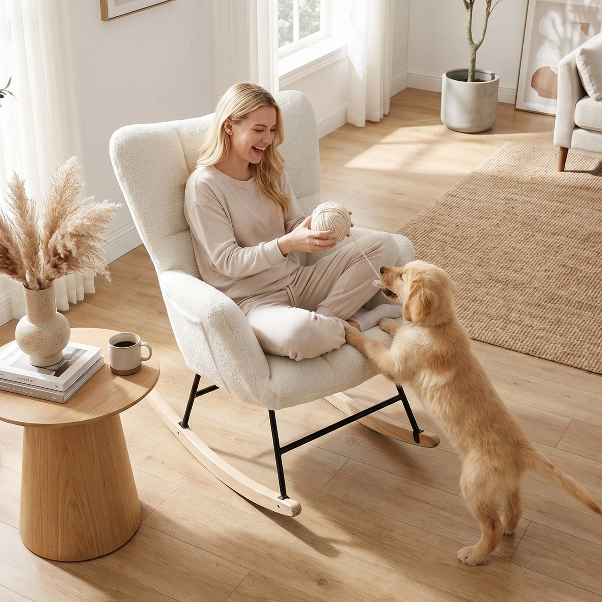 Rocking Chair with Side Pockets, Wingback Tufted Rocker Chair with Teddy Fleece Upholstered, Rubber Wood Legs for Living Room, Bedroom, Cream White