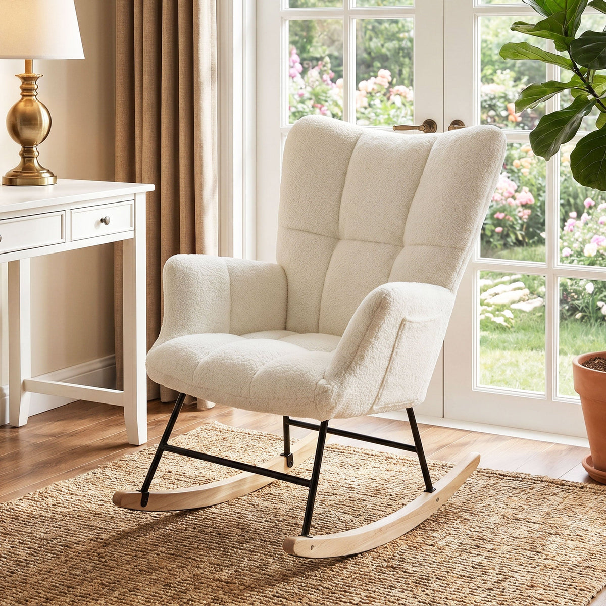 Rocking Chair with Side Pockets, Wingback Tufted Rocker Chair with Teddy Fleece Upholstered, Rubber Wood Legs for Living Room, Bedroom, Cream White