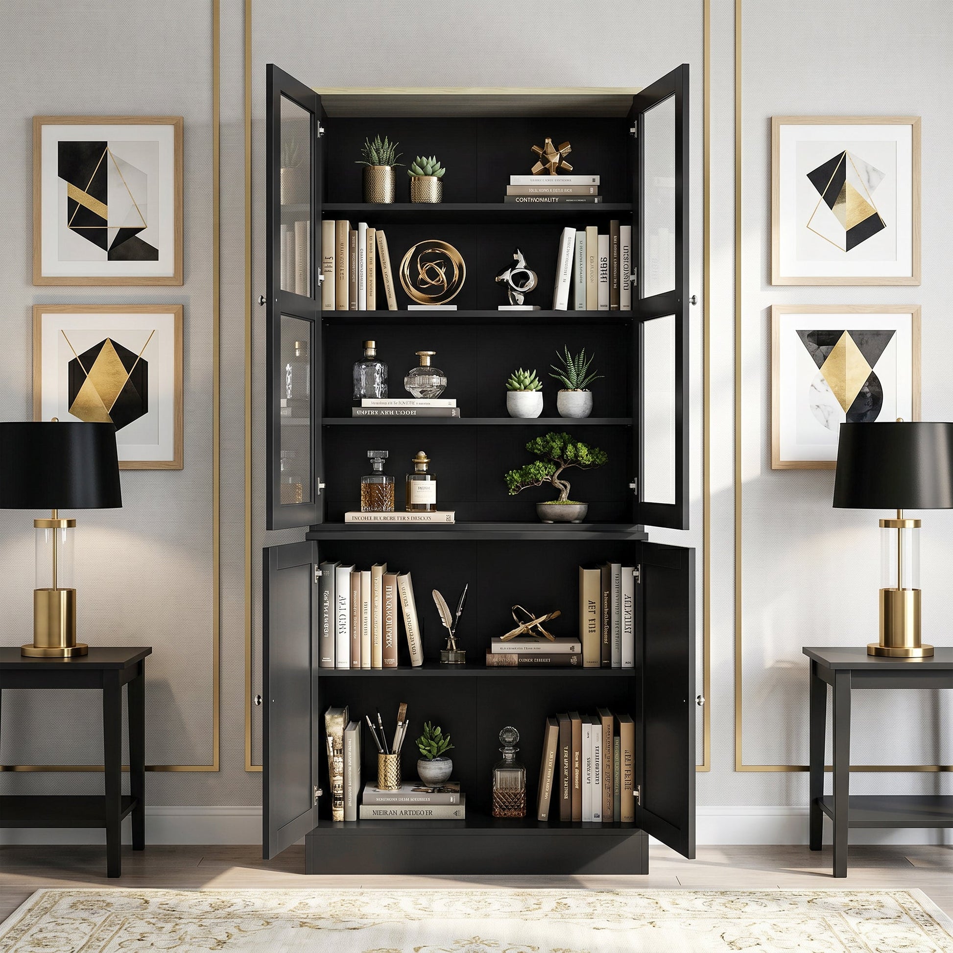 Modern Bookcase with Glass Doors, Display Storage Cabinet with Adjustable Shelves for Living Room, Study, Home Office, Kitchen Cupboard with Small Open Counter, Black