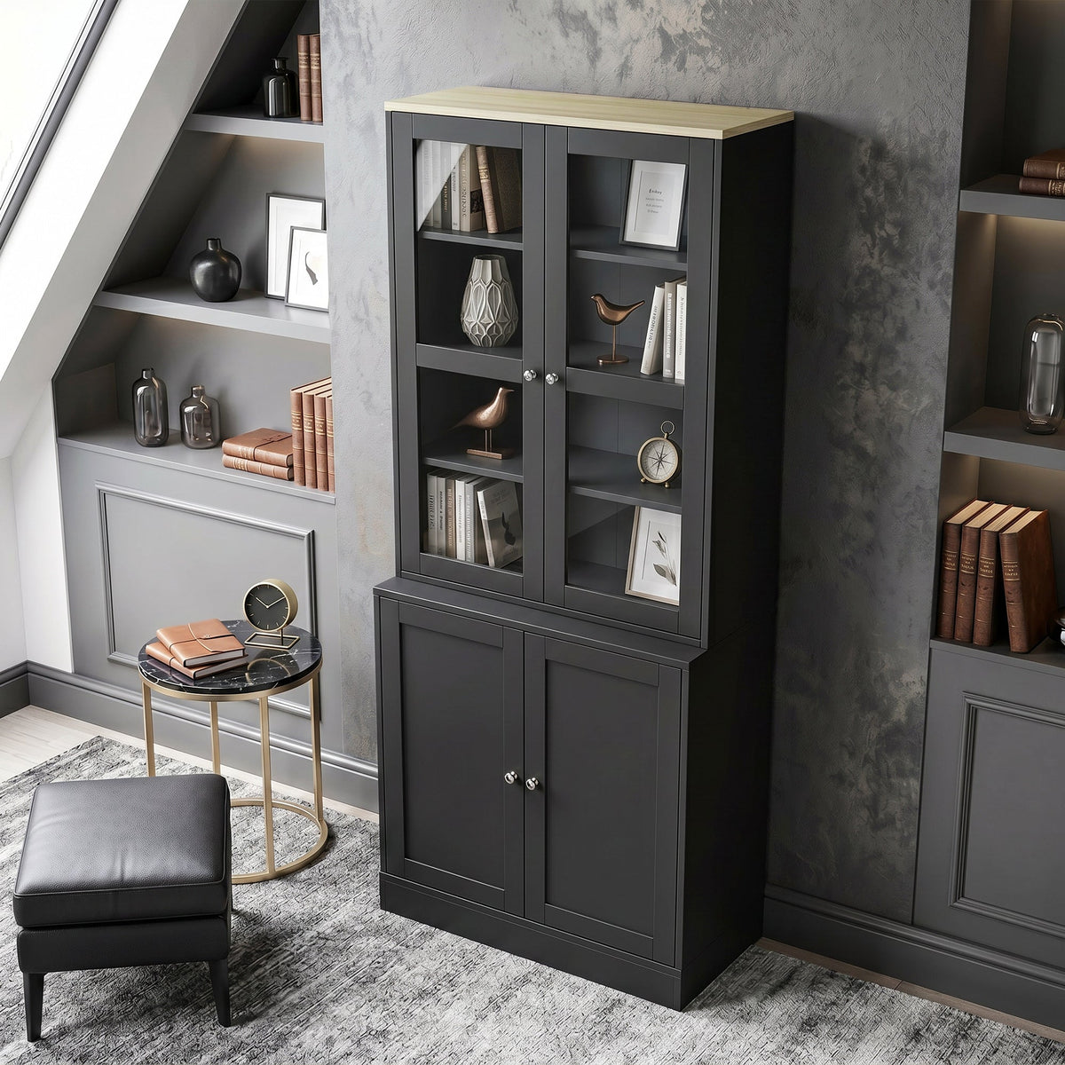 Modern Bookcase with Glass Doors, Display Storage Cabinet with Adjustable Shelves for Living Room, Study, Home Office, Kitchen Cupboard with Small Open Counter, Black