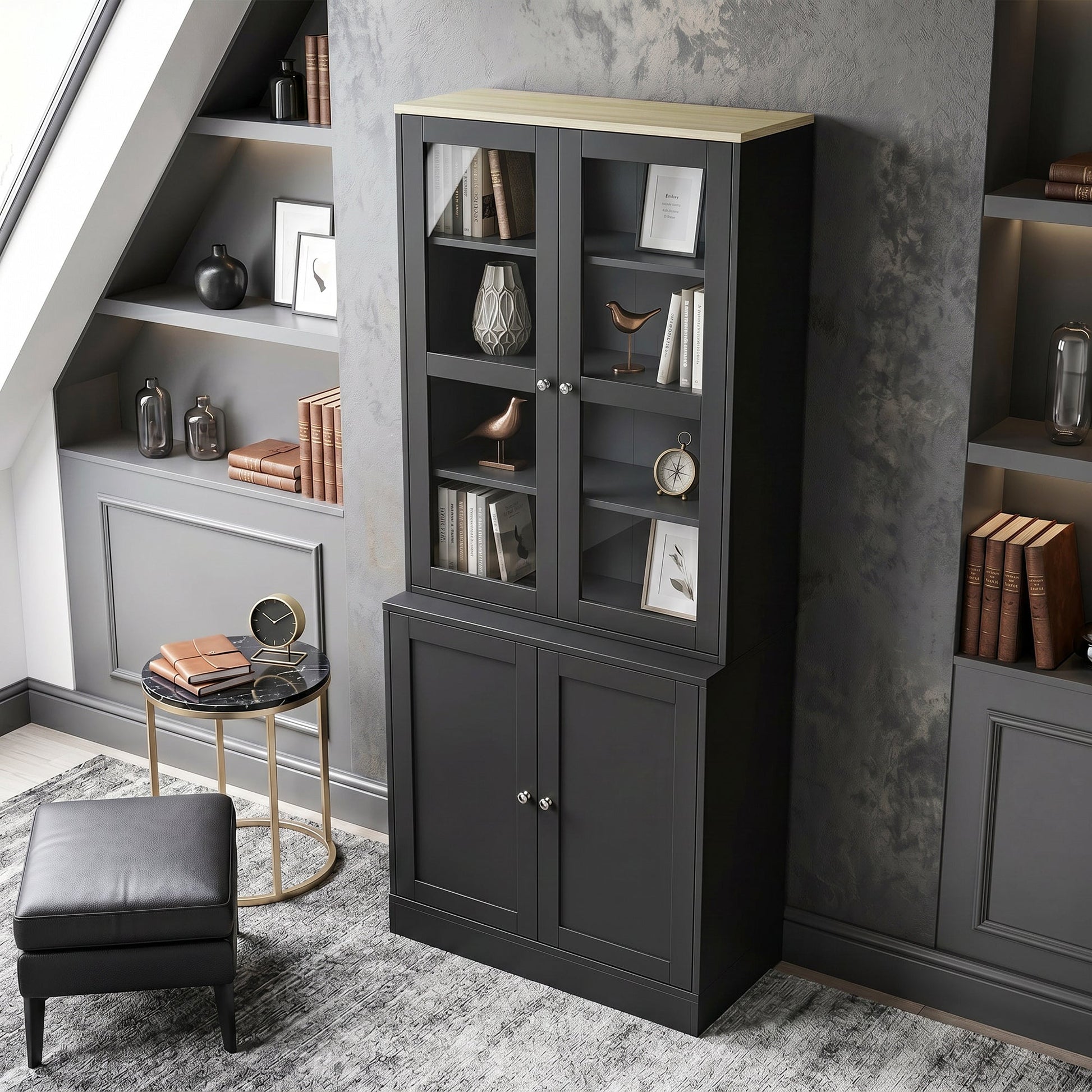 Modern Bookcase with Glass Doors, Display Storage Cabinet with Adjustable Shelves for Living Room, Study, Home Office, Kitchen Cupboard with Small Open Counter, Black