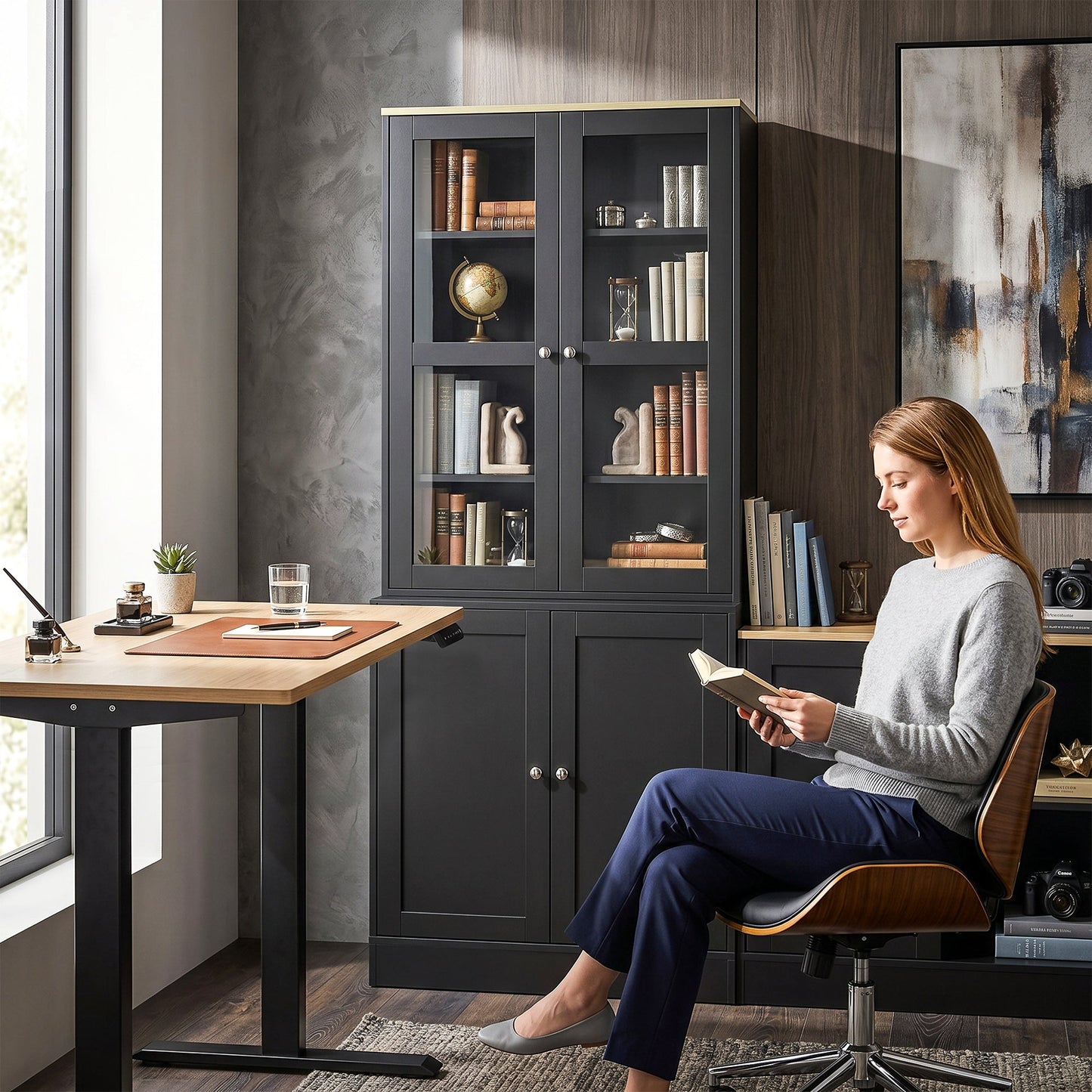 Modern Bookcase with Glass Doors, Display Storage Cabinet with Adjustable Shelves for Living Room, Study, Home Office, Kitchen Cupboard with Small Open Counter, Black
