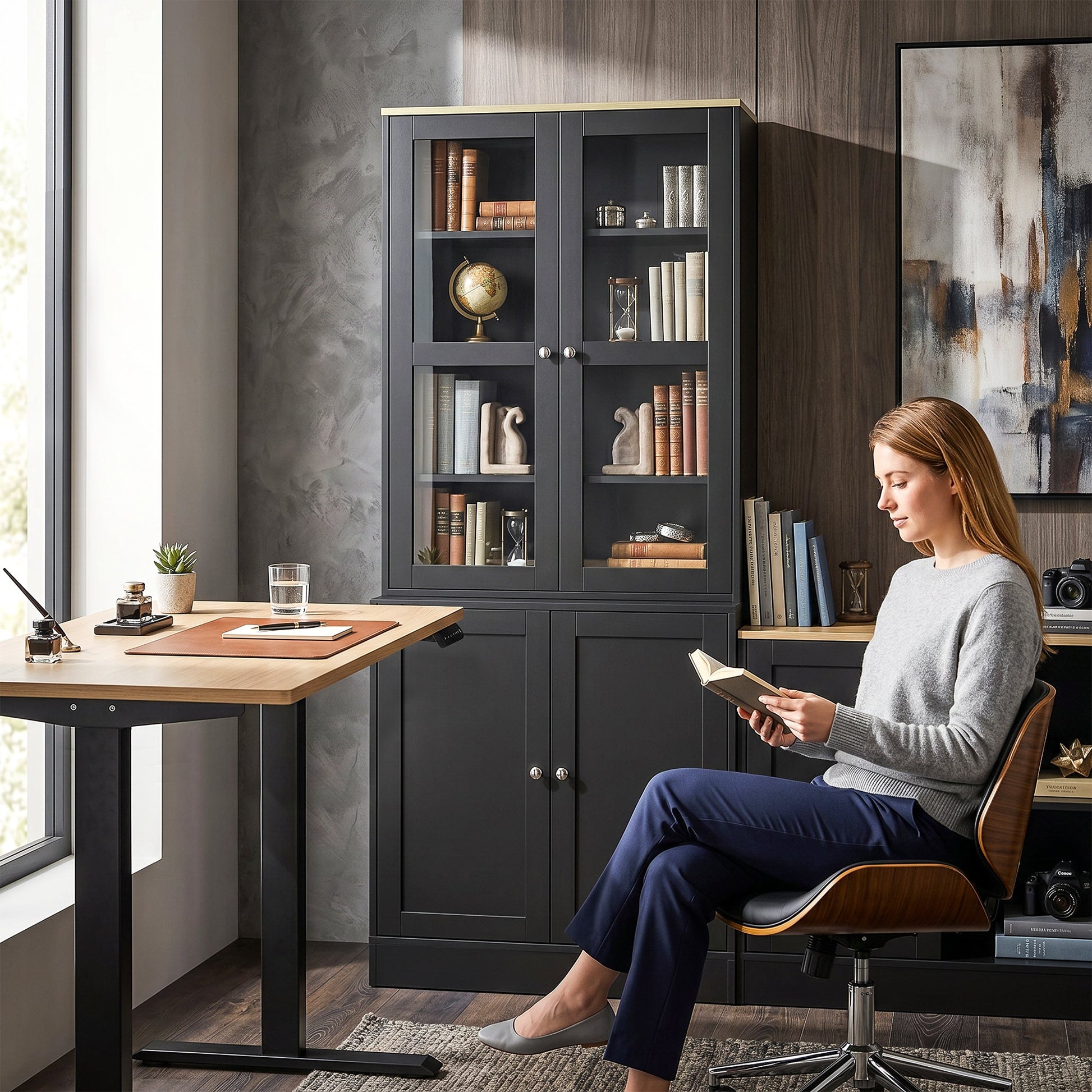 Modern Bookcase with Glass Doors, Display Storage Cabinet with Adjustable Shelves for Living Room, Study, Home Office, Kitchen Cupboard with Small Open Counter, Black