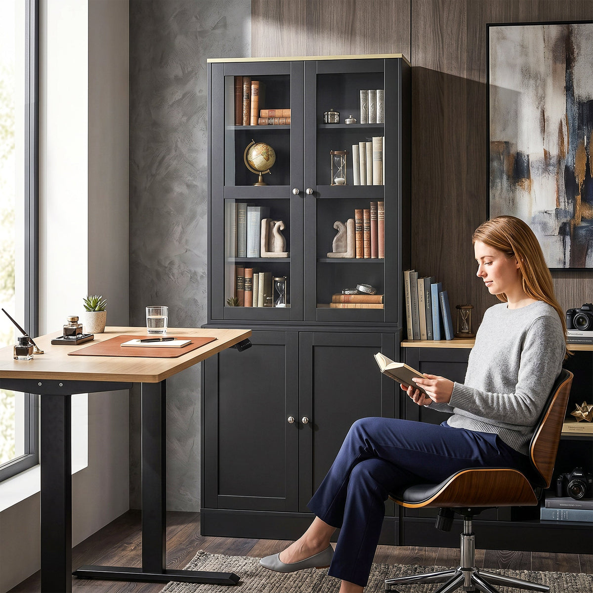 Modern Bookcase with Glass Doors, Display Storage Cabinet with Adjustable Shelves for Living Room, Study, Home Office, Kitchen Cupboard with Small Open Counter, Black