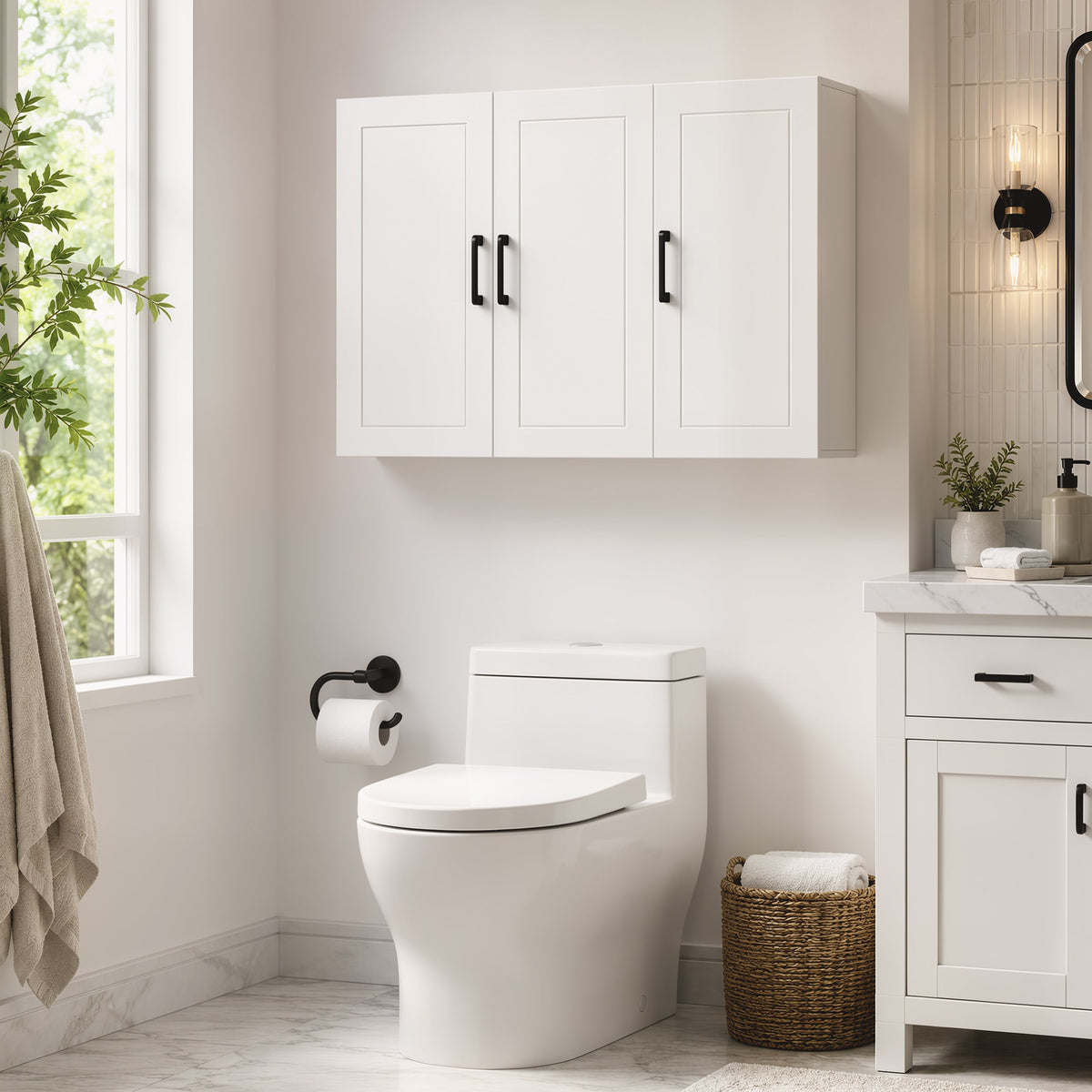 Bathroom Wall Cabinet, Wall Mounted Bathroom Cabinet, Over the Toilet Space Saver with Adjustable Shelves and Doors for Kitchen, White