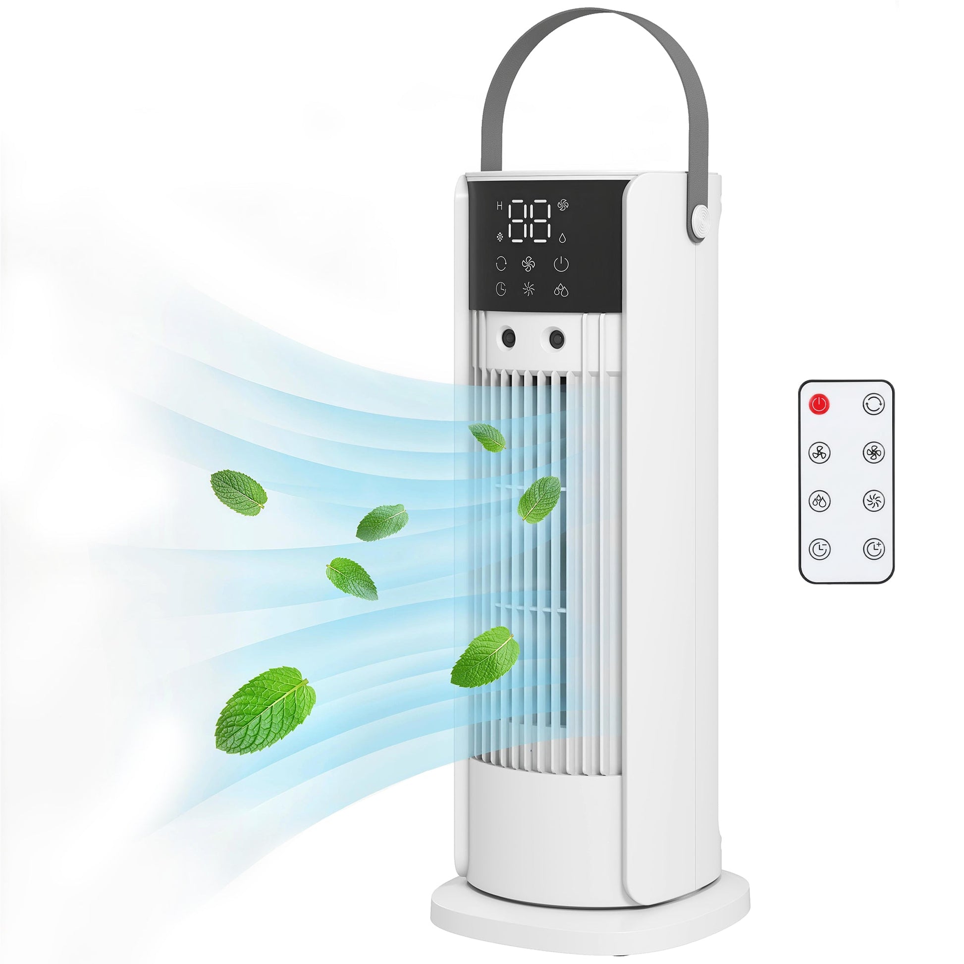Tower Fan for Bedroom, 16 Inch Mist Desktop Fan with RGB Lights, 3 Speeds, 90° Oscillation, 10H Timer, for Home Office, White