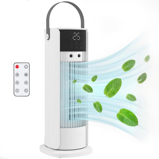 Tower Fan for Bedroom, 16 Inch Mist Desktop Fan with RGB Lights, 3 Speeds, 90° Oscillation, 10H Timer, for Home Office, White