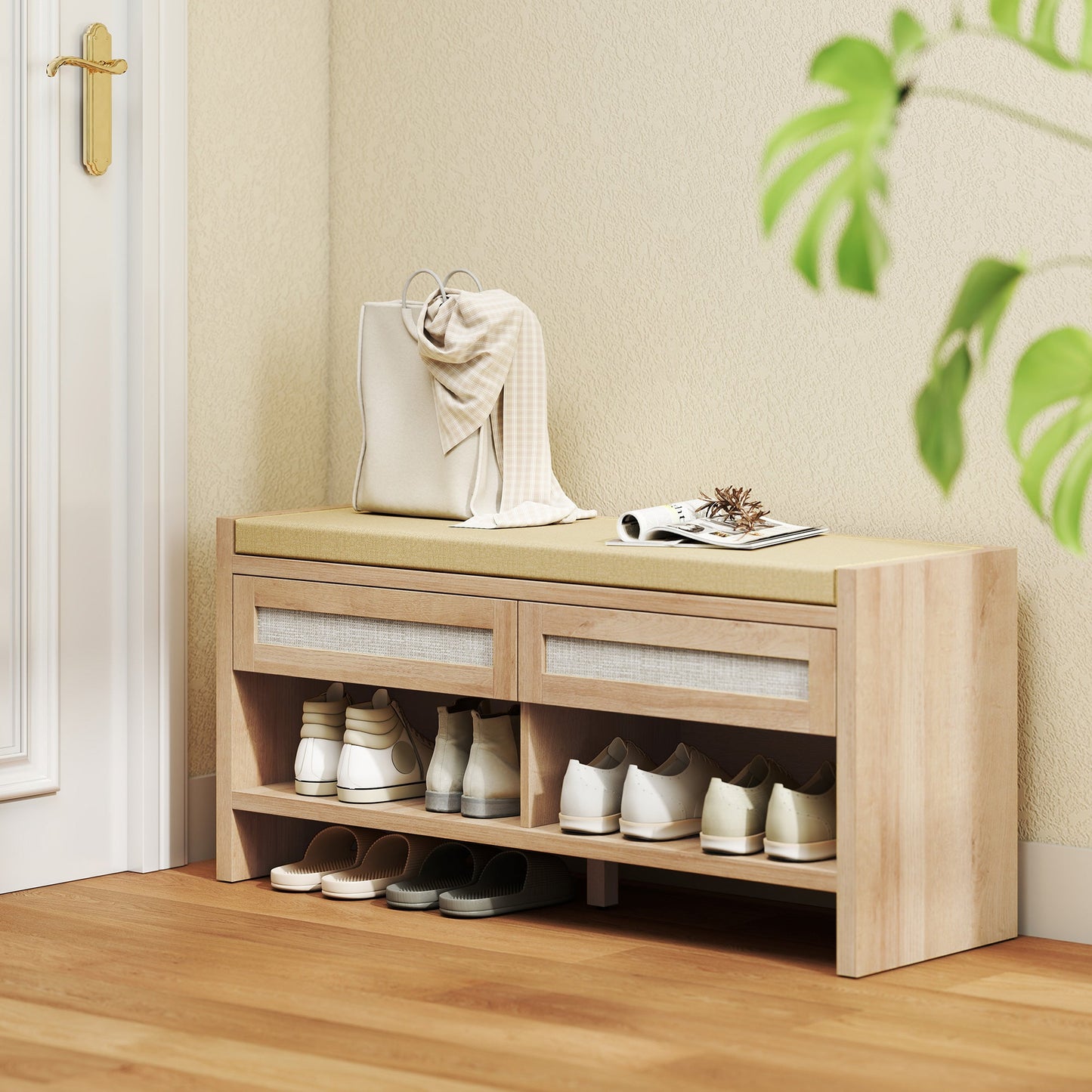 Shoe Bench with 2 Rattan Drawers, Boho Shoe Storage Bench with Linen-Look Cushioned Seat and Open Shelf, for Entryway, Living Room, Bedroom, 105 x 35 x 50 cm, Oak Wood Effect