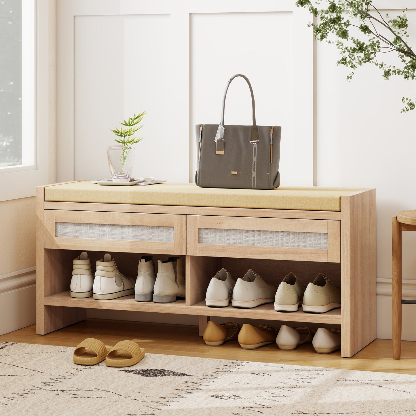 Shoe Bench with 2 Rattan Drawers, Boho Shoe Storage Bench with Linen-Look Cushioned Seat and Open Shelf, for Entryway, Living Room, Bedroom, 105 x 35 x 50 cm, Oak Wood Effect