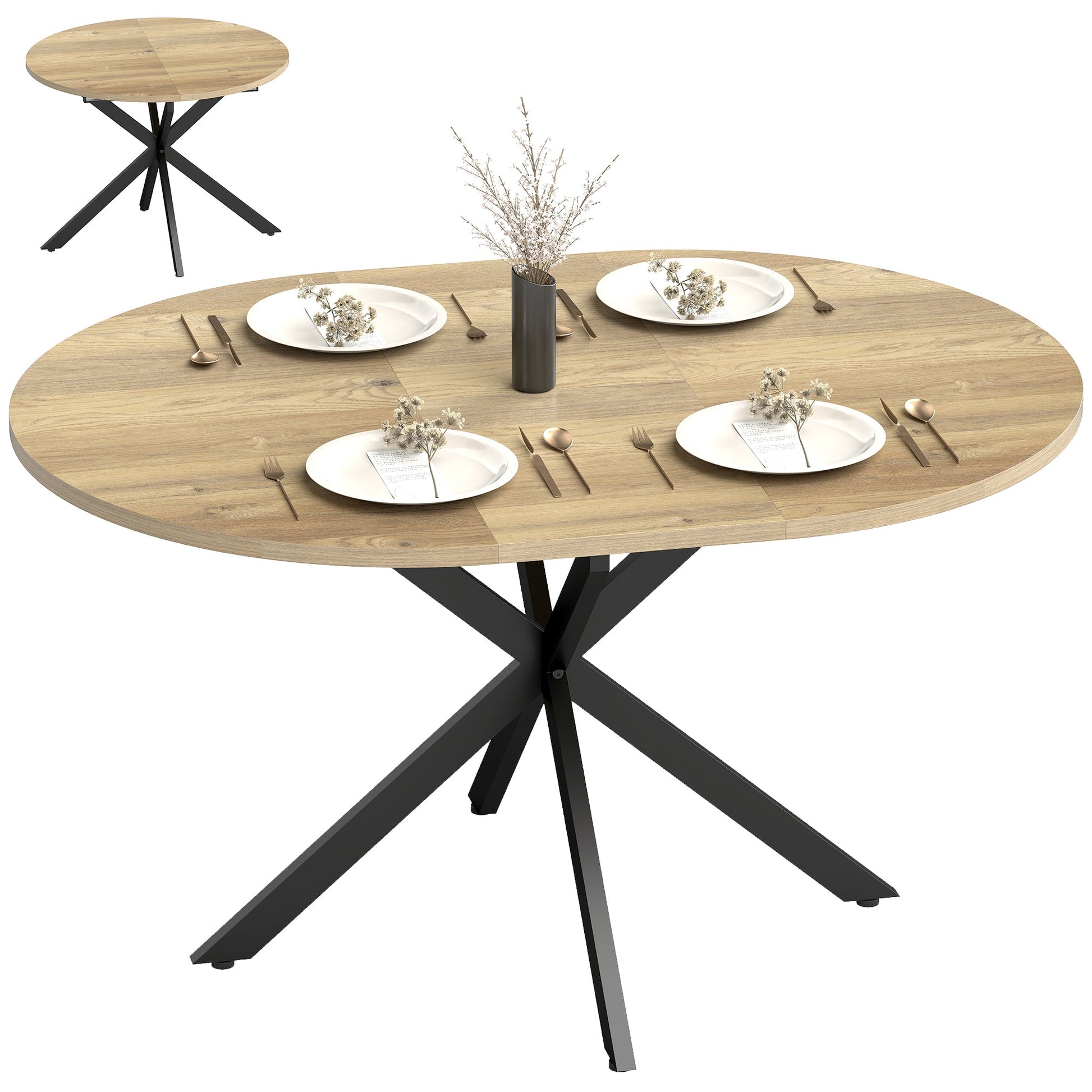 Extendable Dining Table for 4-6, 100-135 cm Kitchen Dinner Table with Butterfly Leaf and X-Shape Base, Space-Saving, Round to Oval for Home, Living Room, Natural Wood