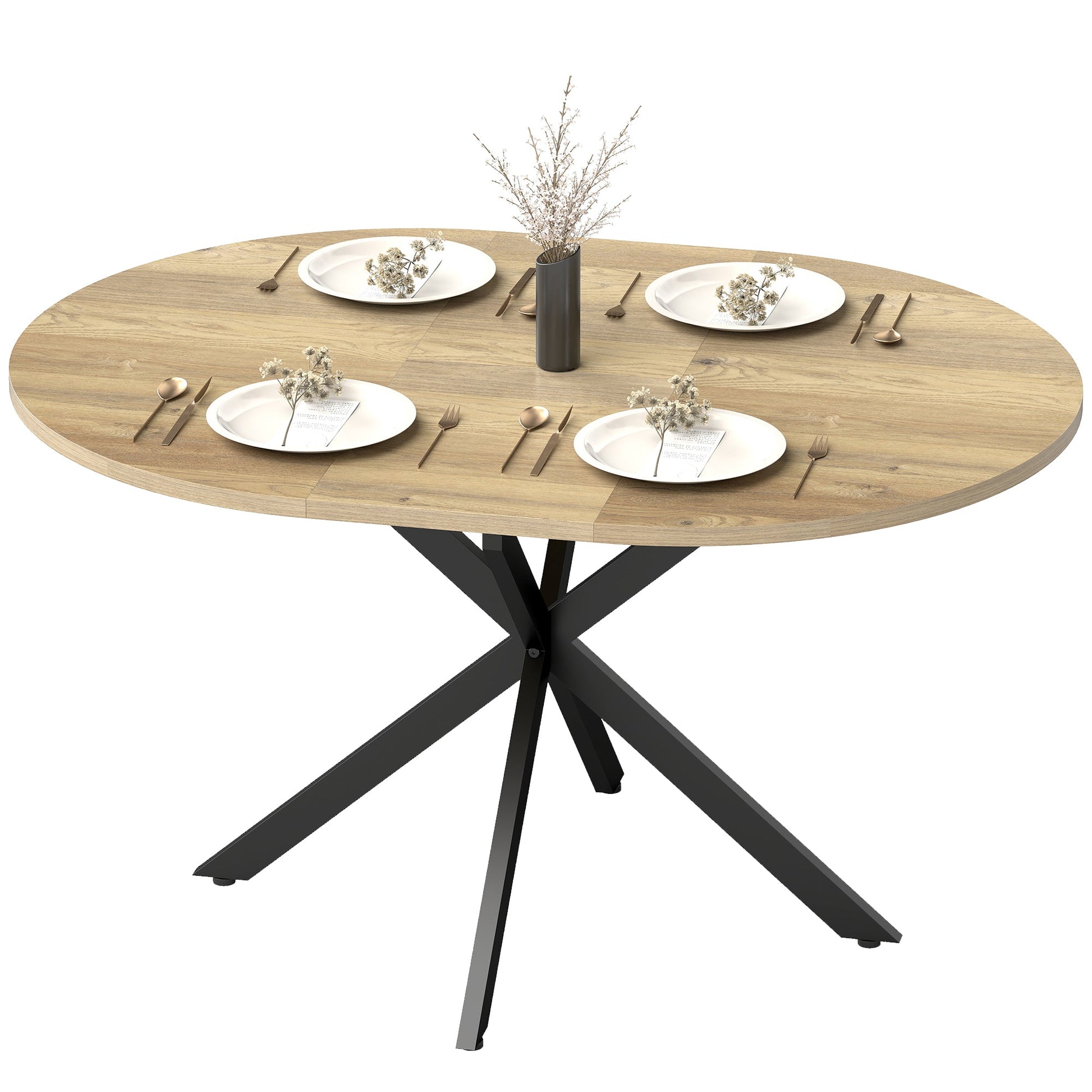 Extendable Dining Table for 4-6, 100-135 cm Kitchen Dinner Table with Butterfly Leaf and X-Shape Base, Space-Saving, Round to Oval for Home, Living Room, Natural Wood