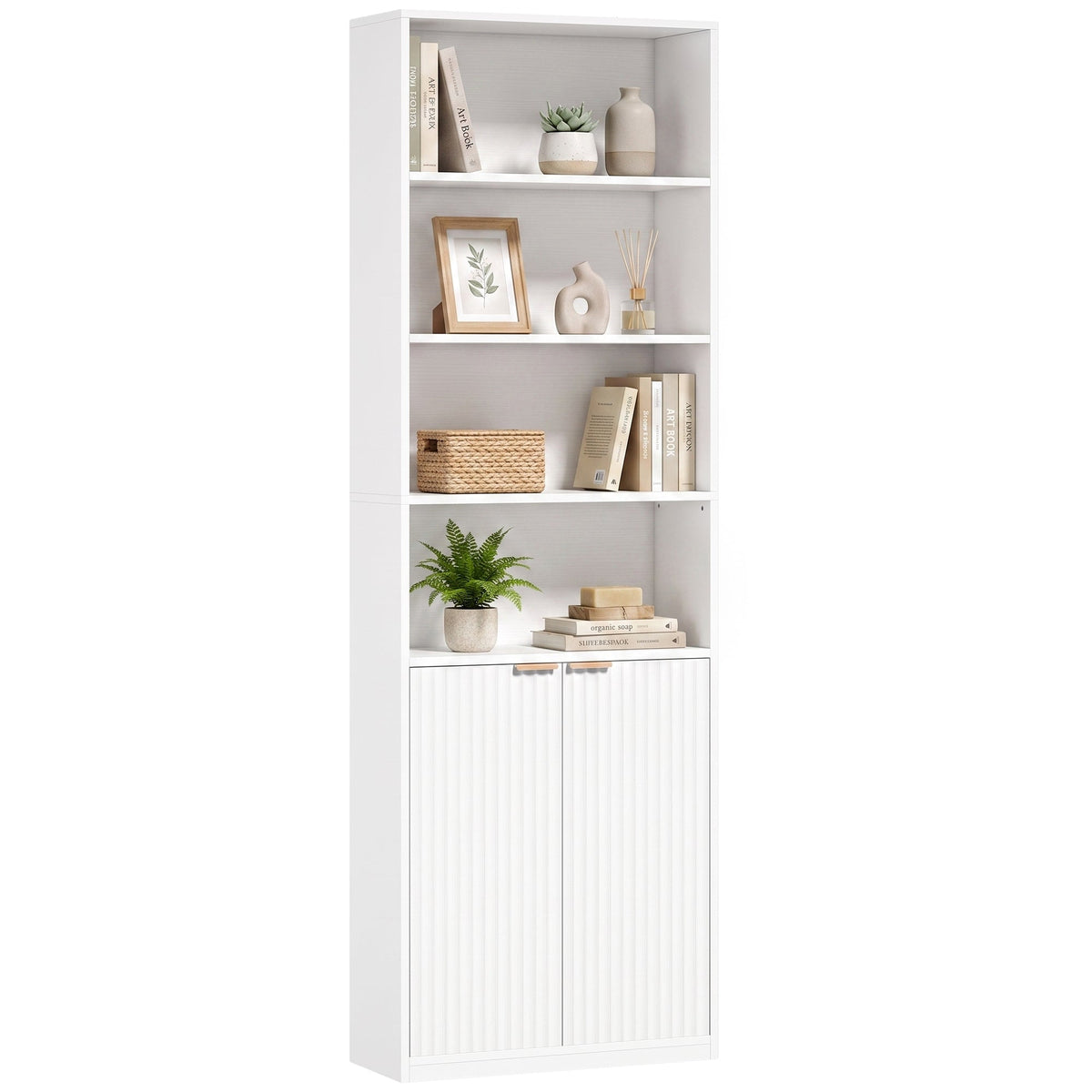 Slim Bookcase, 6-Tier Tall Bookshelf, Freestanding Shelving Unit with Cabinet, Adjustable Shelf, 60 x 24 x 182 cm for Living Room, Study, Home Office, White